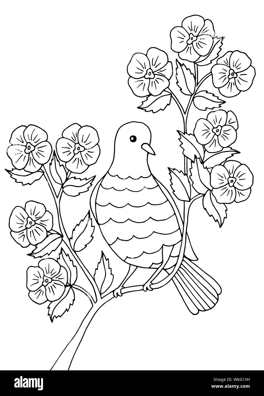 Bird seduto su un ramo di un albero di fioritura, pagina da colorare per bambini e adulti Illustrazione Vettoriale