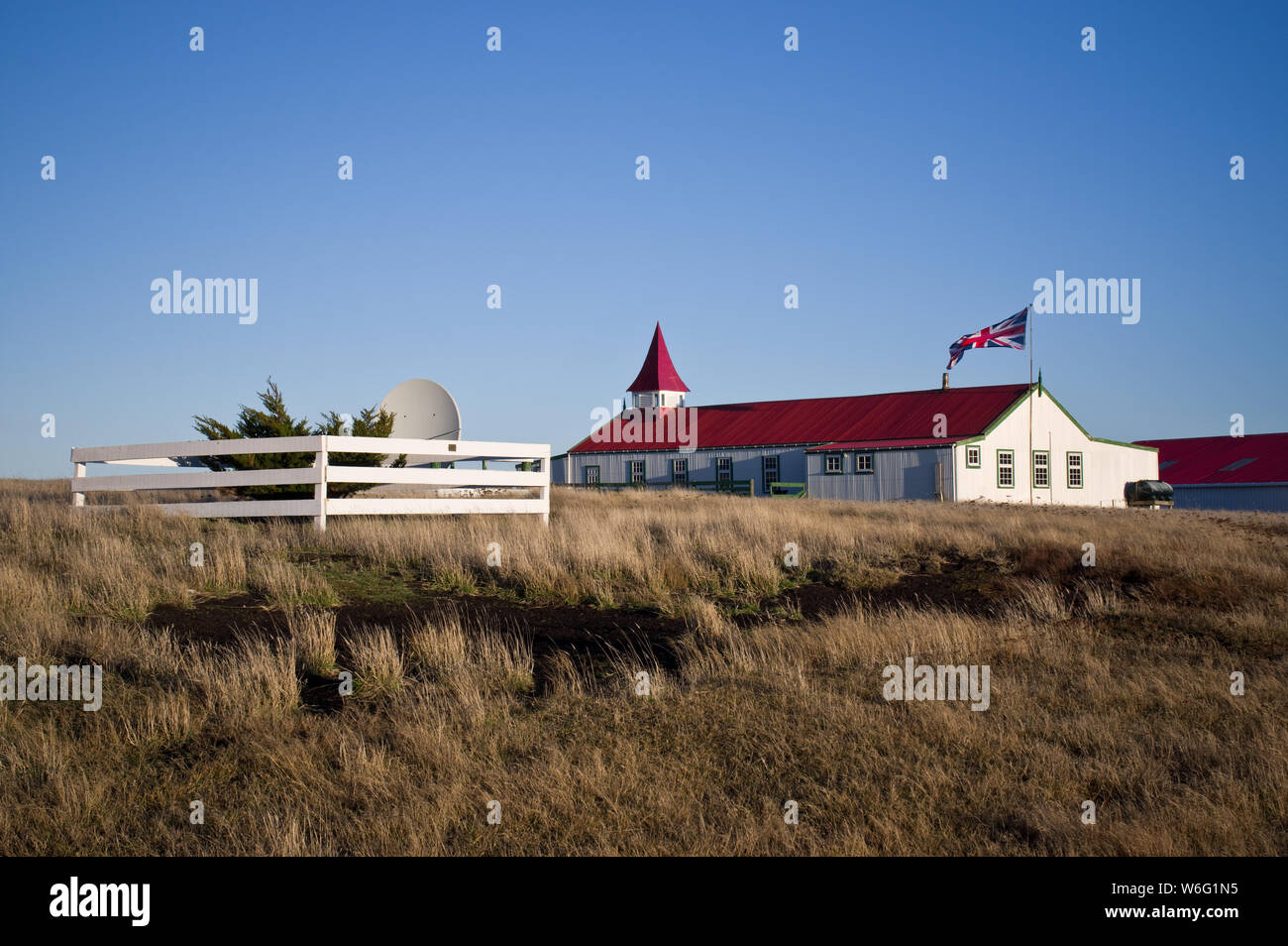 Il municipio a Goose verde, il secondo più grande insediamento sulle Isole Falkland, dove gli isolani sono stati detenuti dalle forze di Argentina nel 1982. Foto Stock