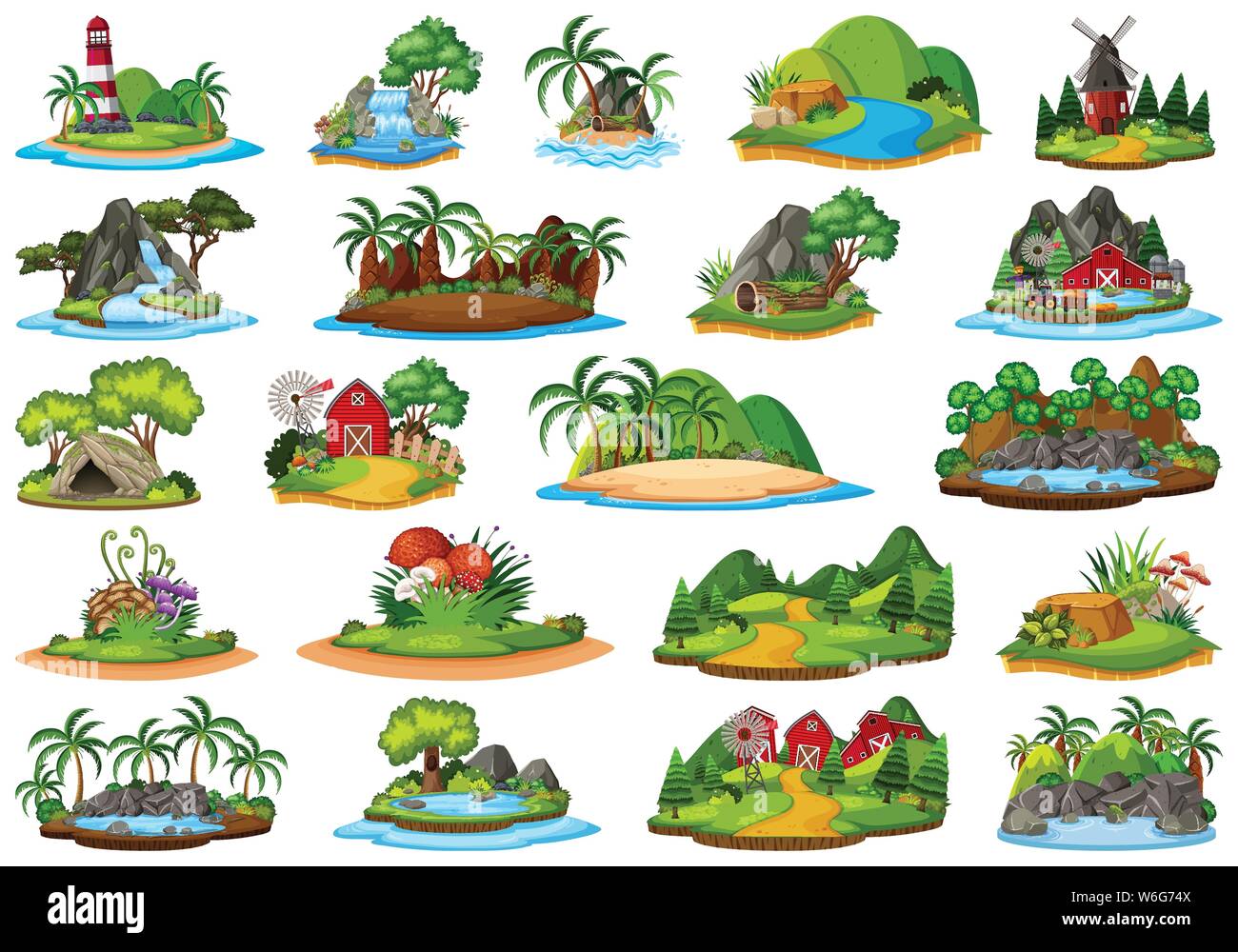 Insieme di piante differenti e paesaggi illustrazione Illustrazione Vettoriale