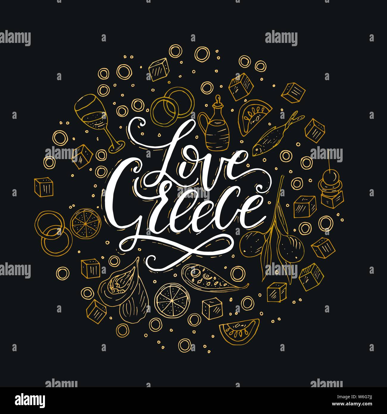 Amore in Grecia. Lettering handdrawn preventivo con doodle simboli nazionali di cucina greca. Illustrazione Vettoriale