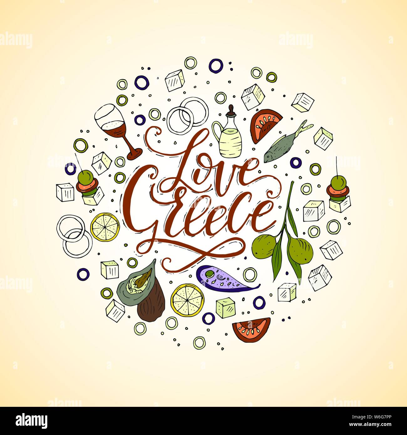 Amore in Grecia. Lettering handdrawn preventivo con doodle simboli nazionali di cucina greca. Illustrazione Vettoriale