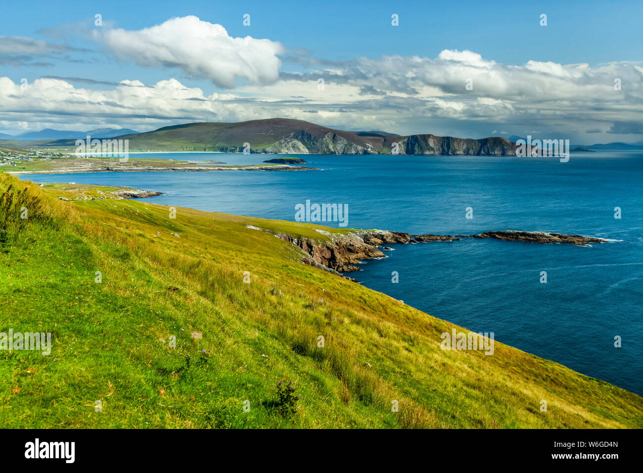 Acqua blu brillante e verde erba lussureggiante lungo la costa di Achill Island sulla Wild Atlantic Way; Achill Island, County Mayo, Irlanda Foto Stock