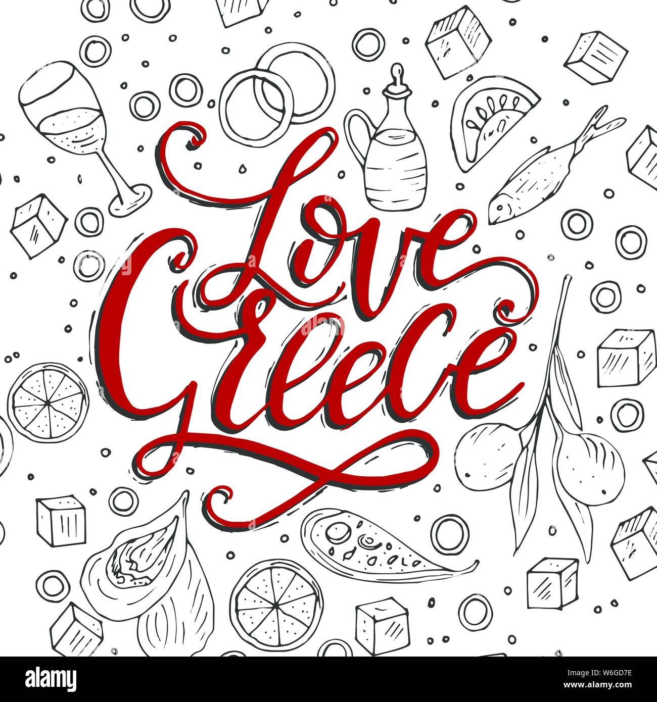 Amore in Grecia. Lettering handdrawn preventivo con doodle simboli nazionali di cucina greca. Illustrazione Vettoriale
