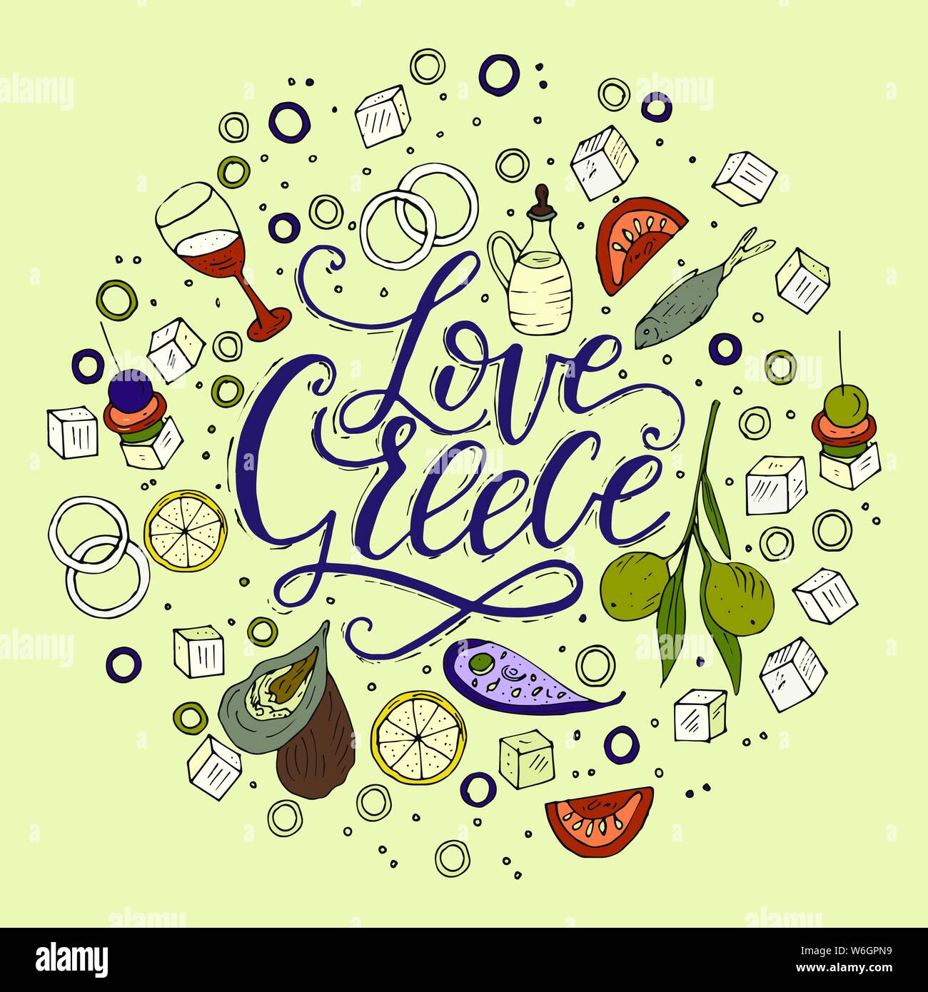 Amore in Grecia. Lettering handdrawn preventivo con doodle simboli nazionali di cucina greca. Illustrazione Vettoriale