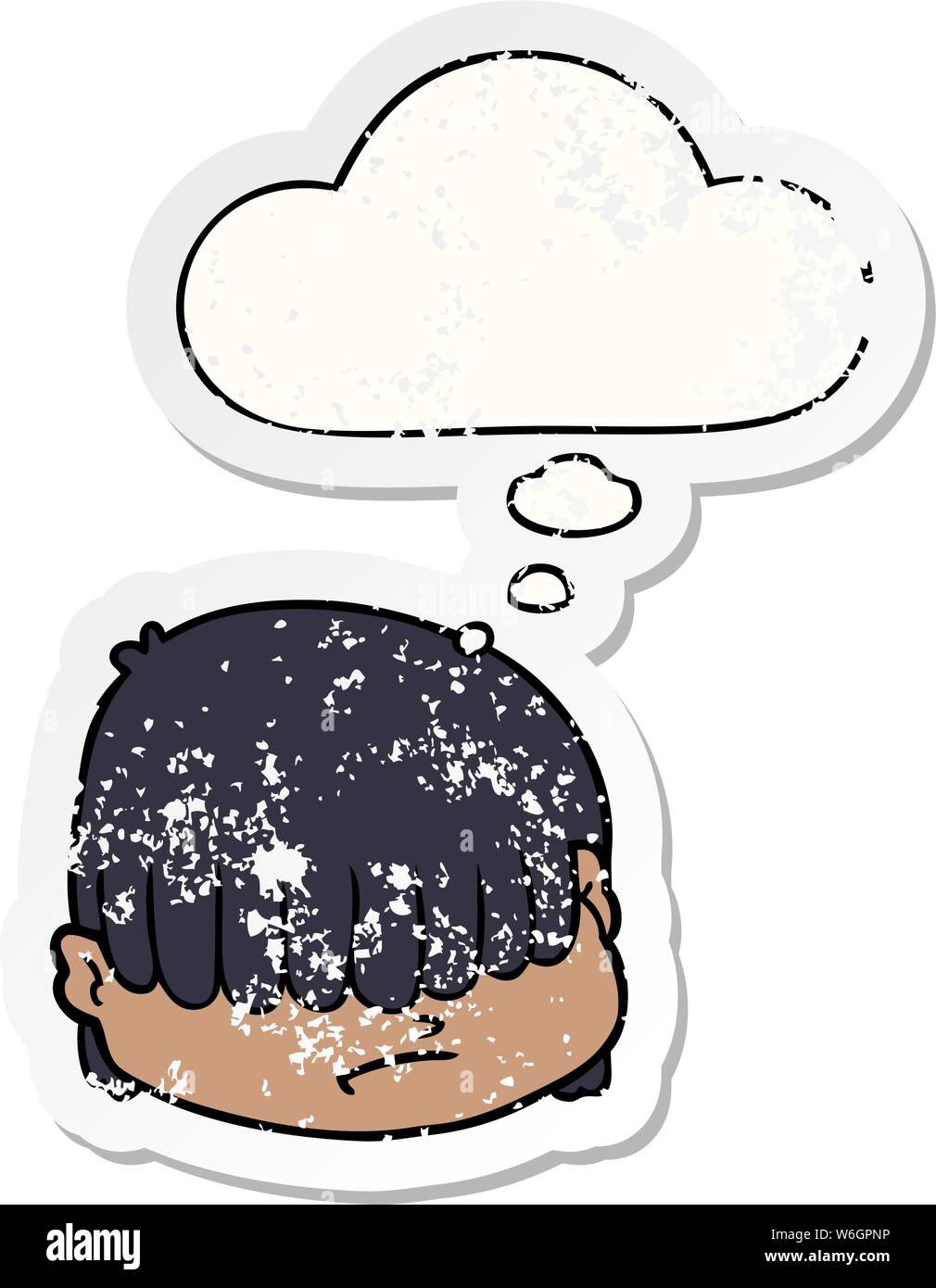 Cartoon faccia con capelli sopra gli occhi con bolle di pensiero come un distressed adesivo usurati Illustrazione Vettoriale