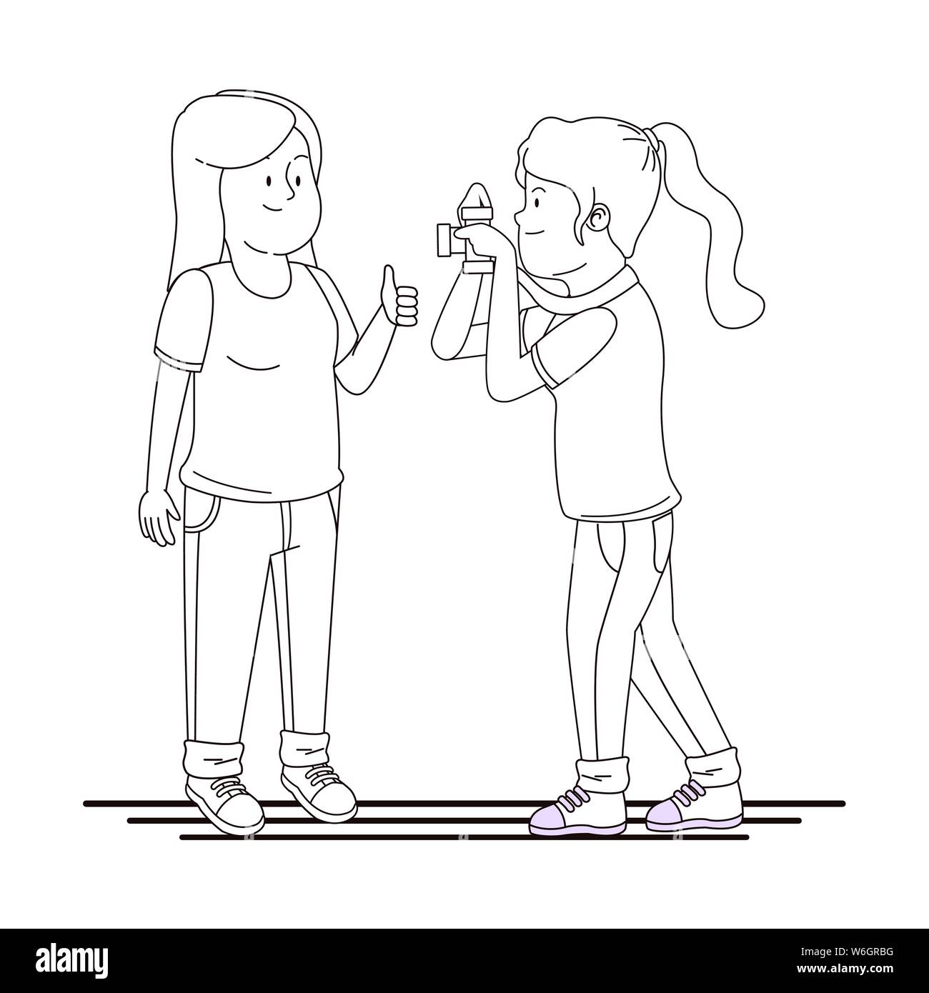 Gli adolescenti amici sorridente e avendo divertimento cartoon in bianco e nero Illustrazione Vettoriale