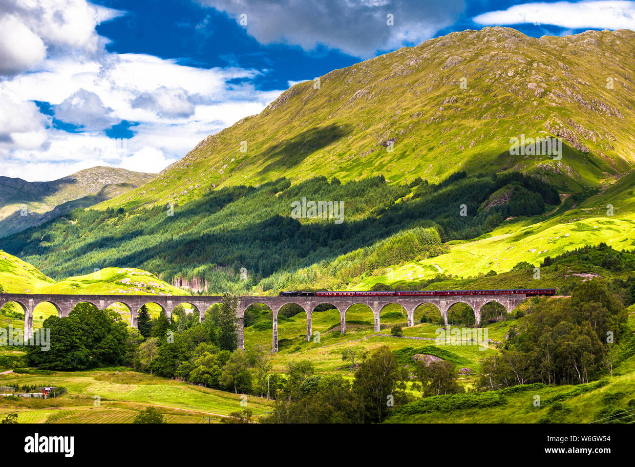 Treno Viadotto del treno a vapore Jacobite. British Railways locomotiva a vapore a Glenfinnan, Scozia Foto Stock