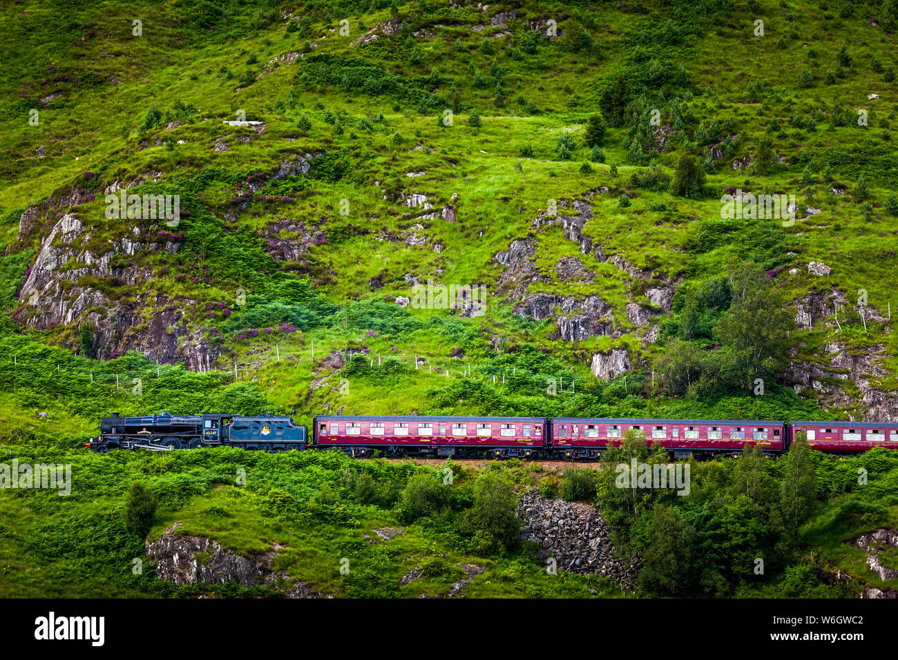 Treno Viadotto del treno a vapore Jacobite. British Railways locomotiva a vapore a Glenfinnan, Scozia Foto Stock