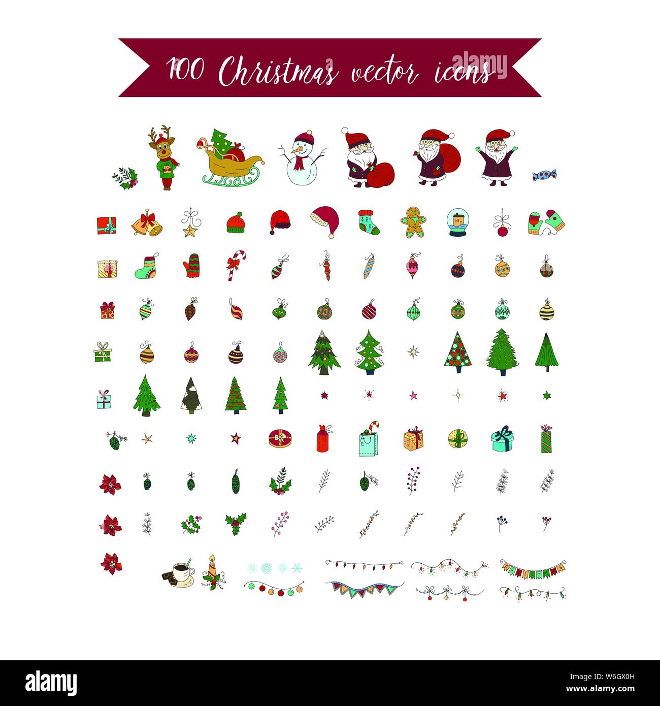 Big Christmas Icona set. 100 inverno handdrawn icone. Il logo del vettore, emblemi, disegni. Utilizzabile per striscioni, biglietti di auguri, donazioni ecc. Illustrazione Vettoriale