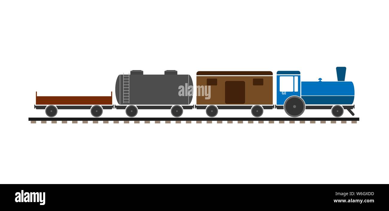 Per i bambini il treno merci con diverse vetture. Semplice design piatto. Illustrazione Vettoriale