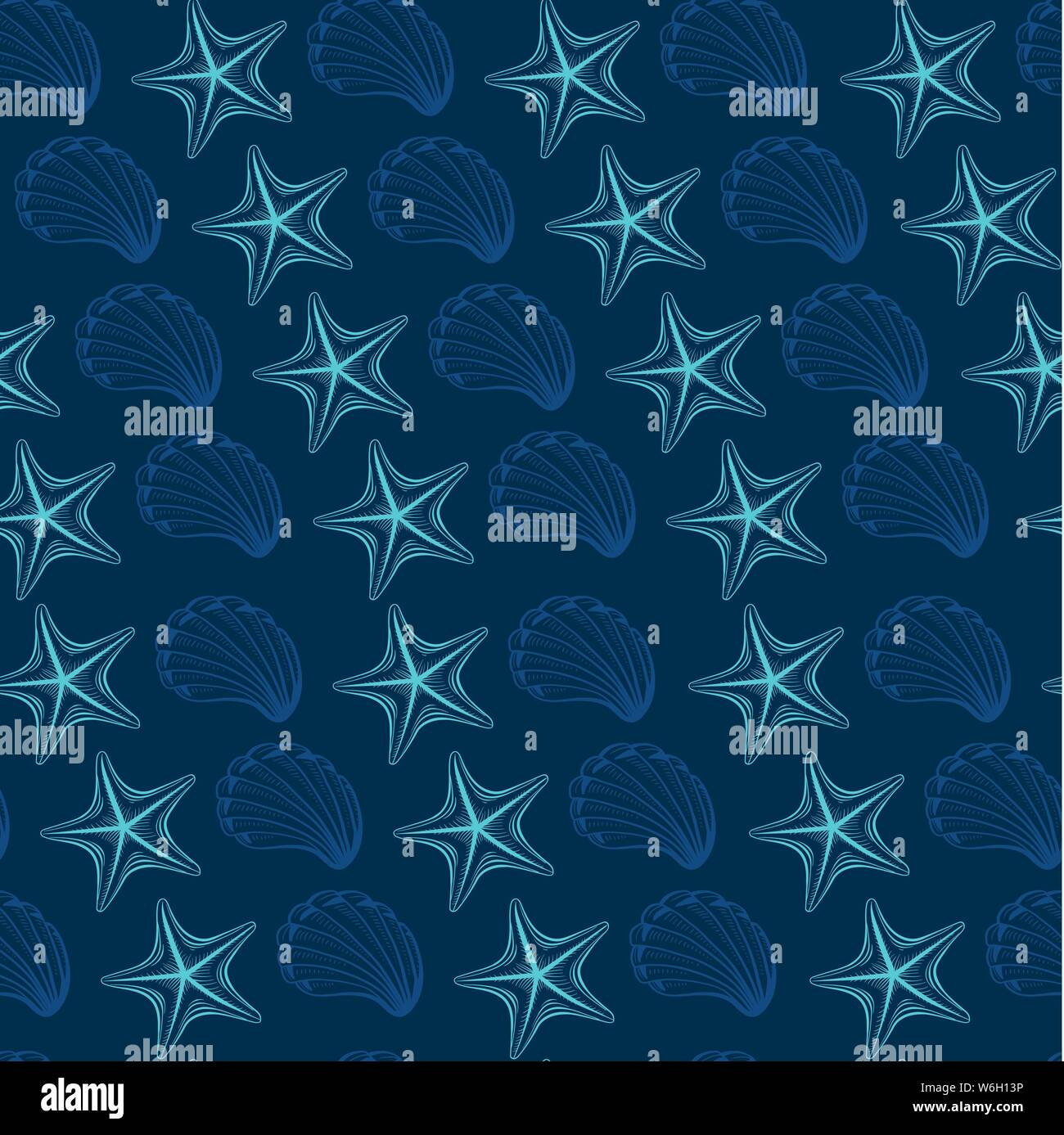 Conchiglie e stelle marine vector seamless pattern. La vita marina creature disegni colorati. Ricci di mare contorno a mano libera. Animali subacquei incisione. Wa Illustrazione Vettoriale