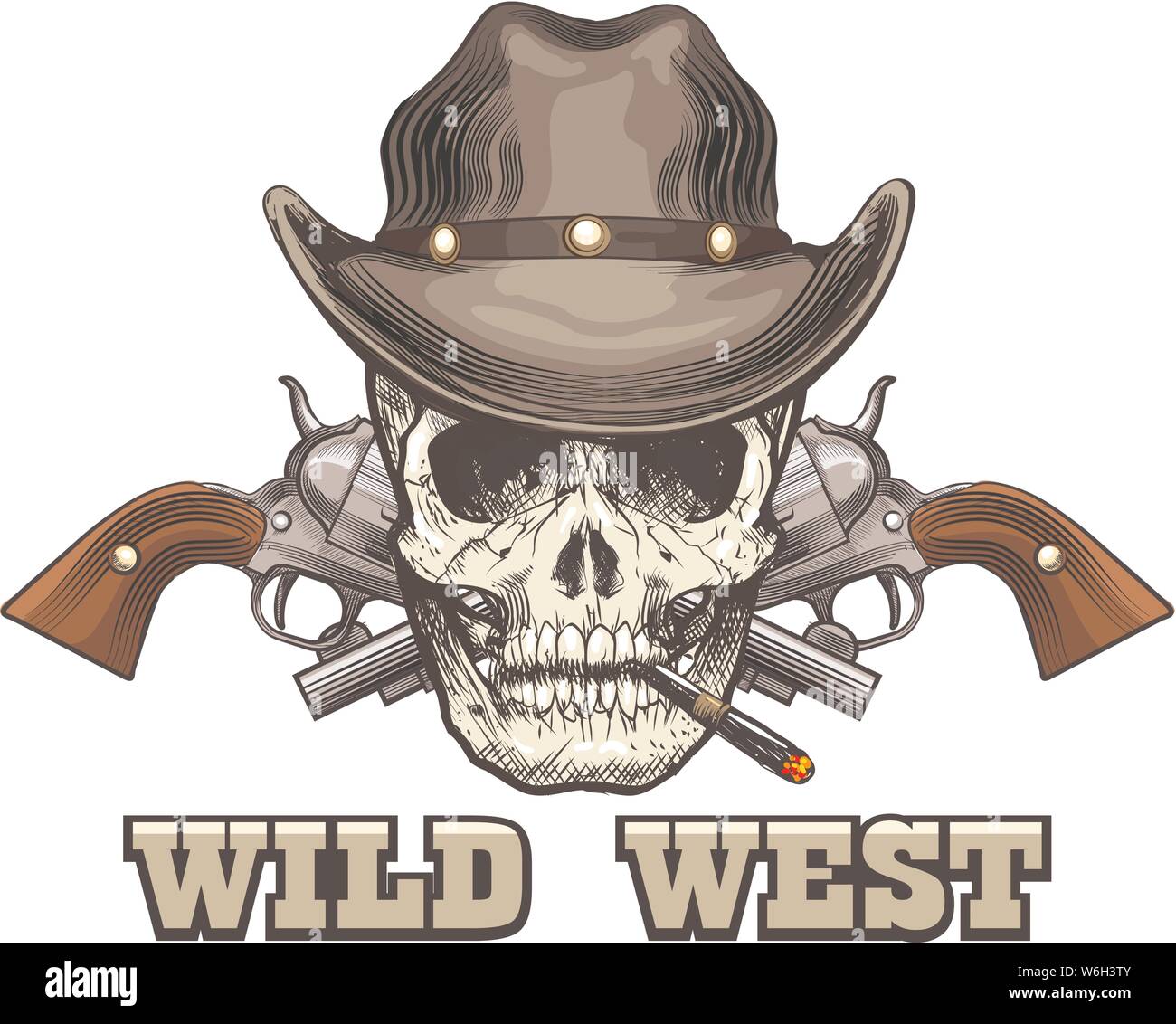 Cranio umano nel cappello da cowboy con due rivoltelle con formulazione selvaggio West. Illustrazione Vettoriale. Illustrazione Vettoriale
