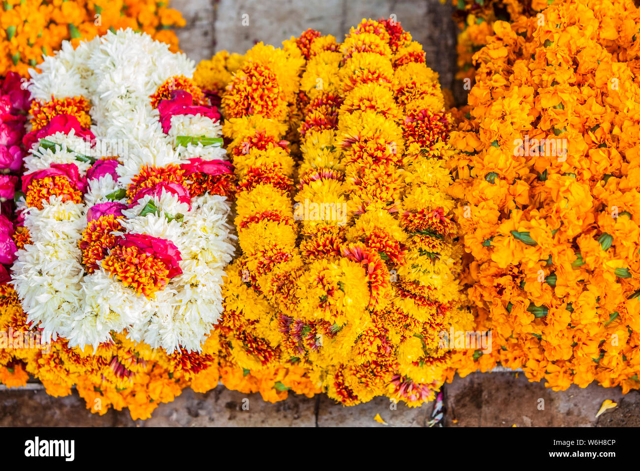 Colorate ghirlande di fiori in vendita lungo un marciapiede in un mercato all'aperto a Jaipur, Rajasthan, India. Foto Stock