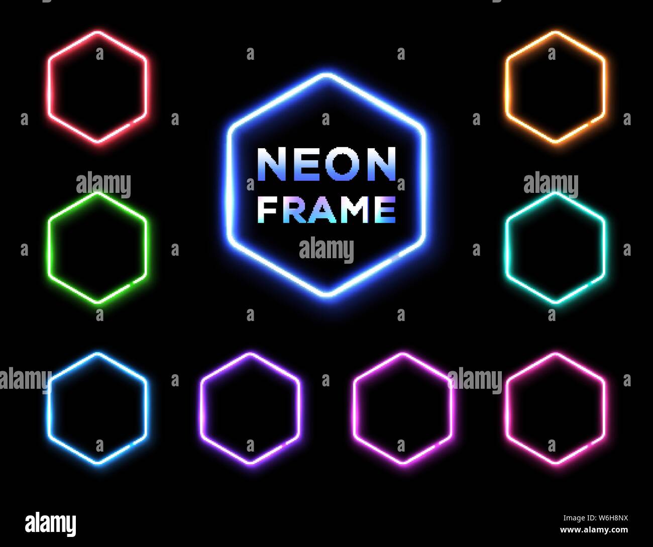 Chiave esagonale testa insegne al neon impostato su sfondo nero. Illustrazione Vettoriale