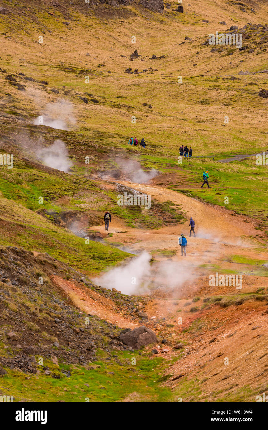 REYKJADALUR, Islanda - Visitatori escursione sul sentiero attraverso il paesaggio geotermica. Foto Stock
