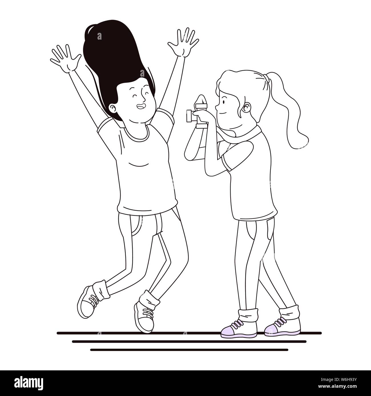 Gli adolescenti amici sorridente e avendo divertimento cartoon in bianco e nero Illustrazione Vettoriale