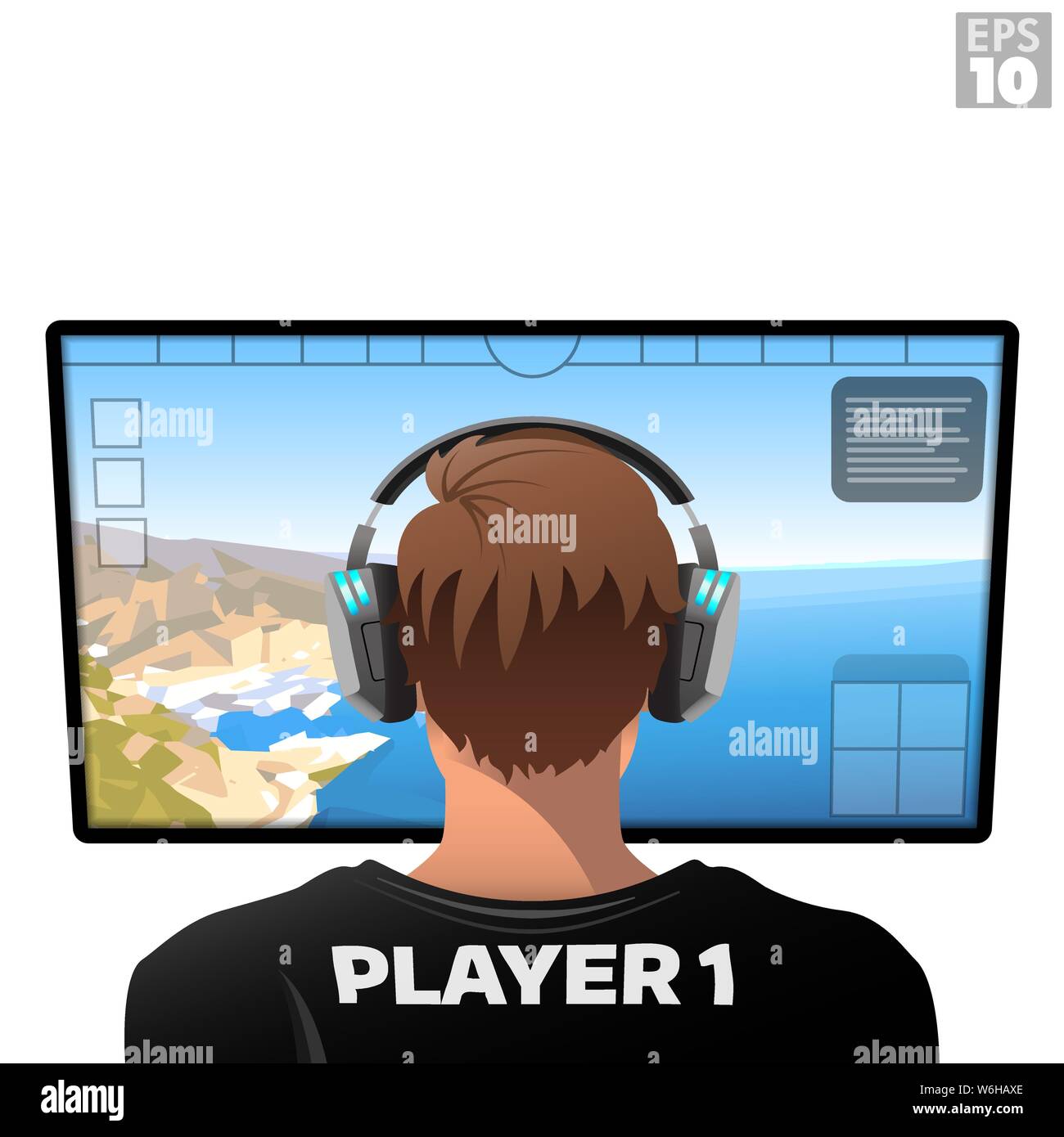 Video gioco giocatore indossa le cuffie wireless a giocare un MMO massively multiplayer online tipo di gioco davanti ad un grande schermo. Illustrazione Vettoriale