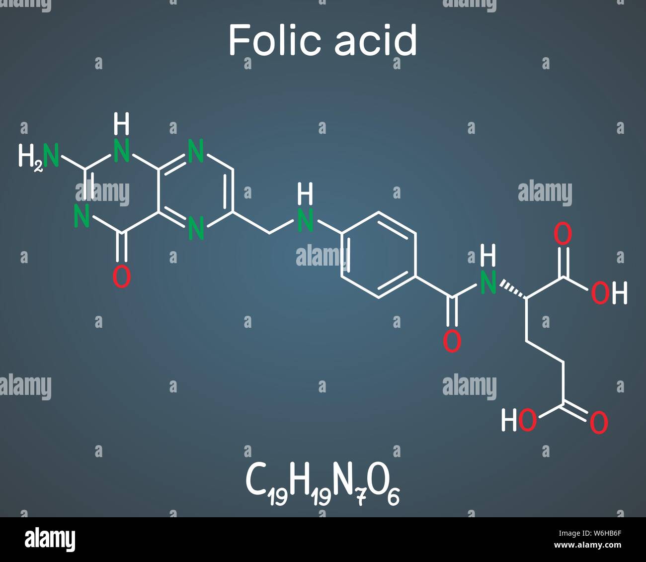 Acido folico, molecola di folato. È noto come la vitamina B9. Formula chimica di struttura su sfondo blu scuro. Illustrazione Vettoriale Illustrazione Vettoriale