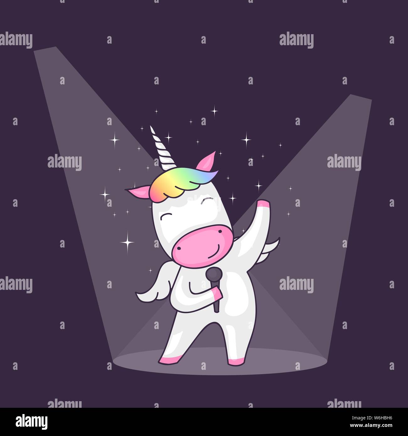 Cartoon carino di unicorn tenendo un microfono e cantare sul palco sotto i riflettori Illustrazione Vettoriale