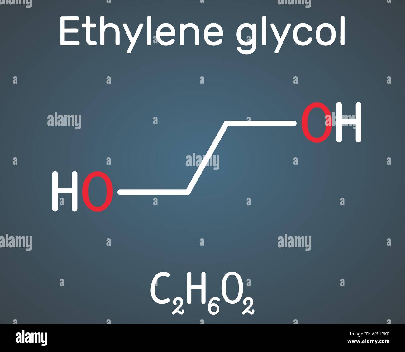 Glicole etilenico, diolo molecola. Esso è utilizzato per la fabbricazione di fibre di poliestere e per formulazioni di antigelo. Formula chimica di struttura sul dar Illustrazione Vettoriale