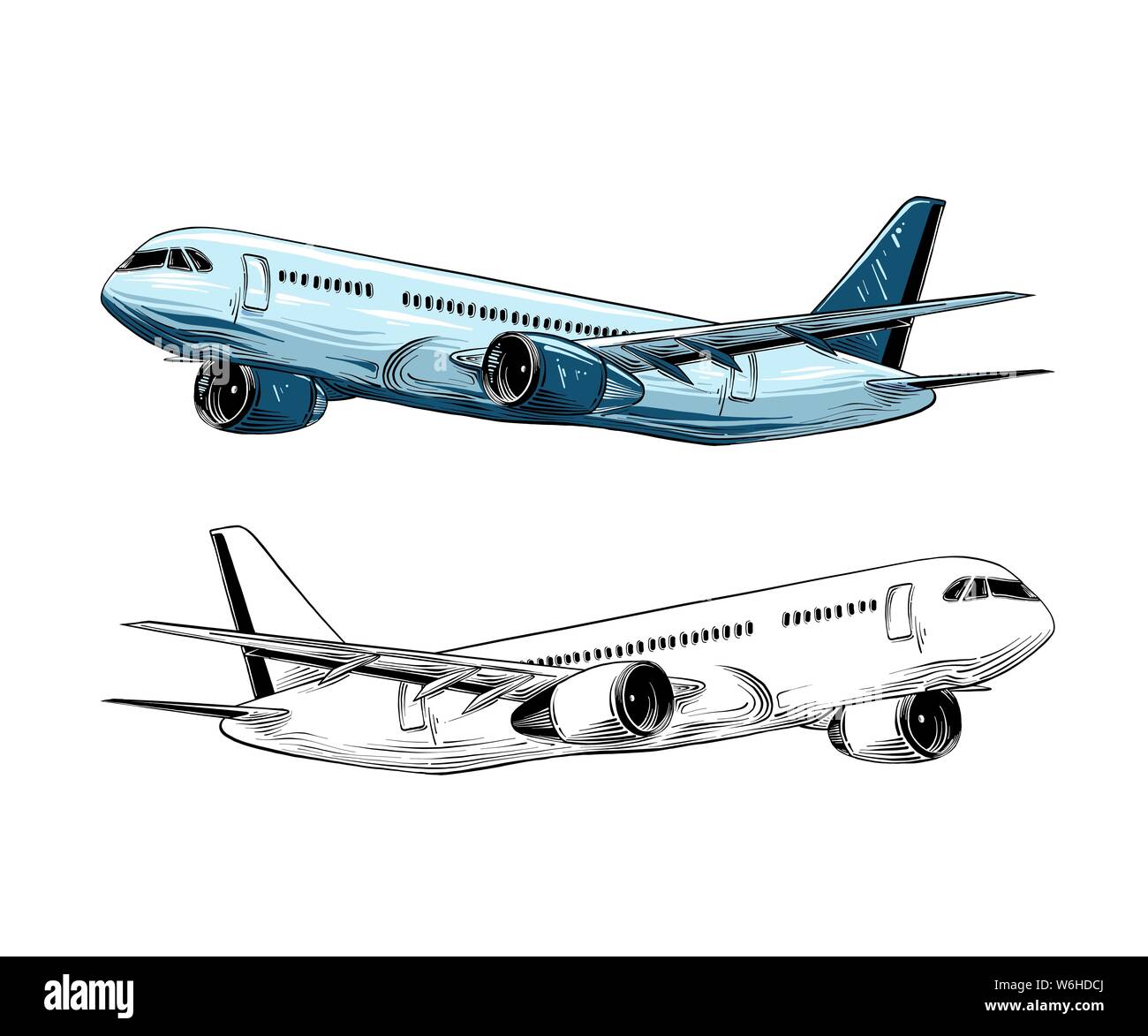 Mano bozzetto di aeromobili in colore blu isolato su sfondo bianco. Dettagliato in stile vintage disegno. Illustrazione per poster e stampa Illustrazione Vettoriale