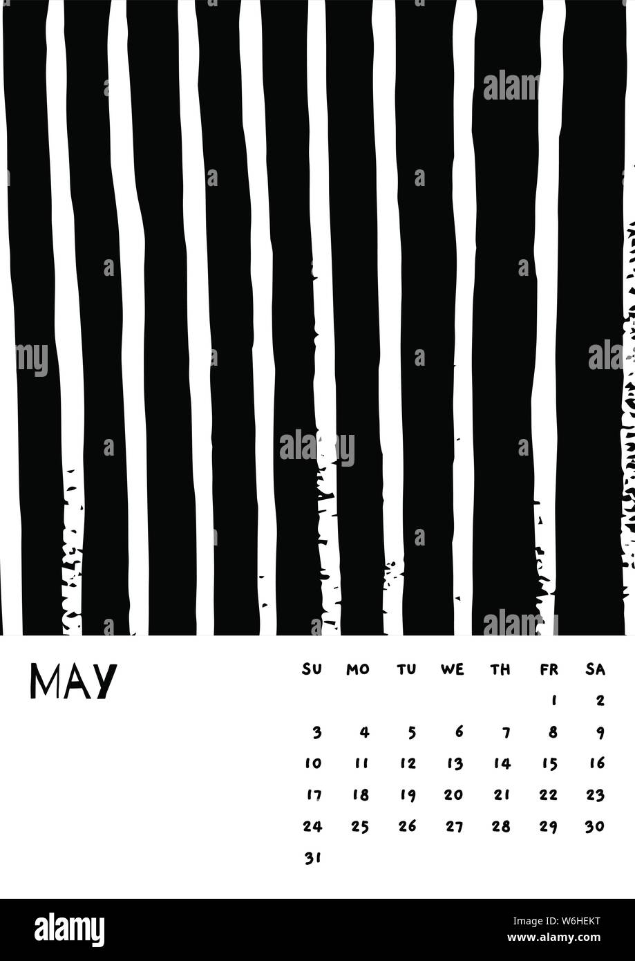 2020 maggio English Calendario vettore astratto disegnare a mano un tratto di pennello nero e bianco. Settimana inizia Domenica. In bianco e nero in stile minimalista. Calendario Poster flyer Formato, supporti di stampa, opuscolo A3, A4, A5 Illustrazione Vettoriale