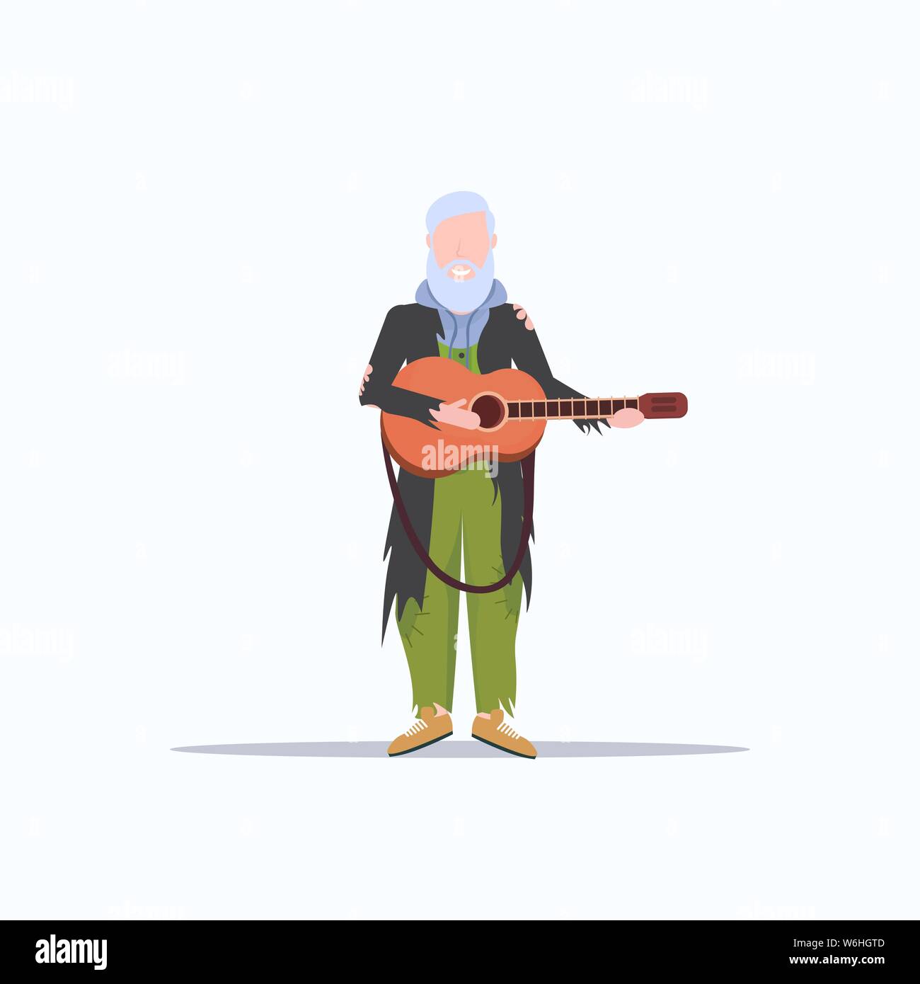 Uomo Barbuto mendicante a suonare la chitarra tramp mendicando per aiutare i senzatetto disoccupati concetto flat a lunghezza piena sfondo bianco Illustrazione Vettoriale