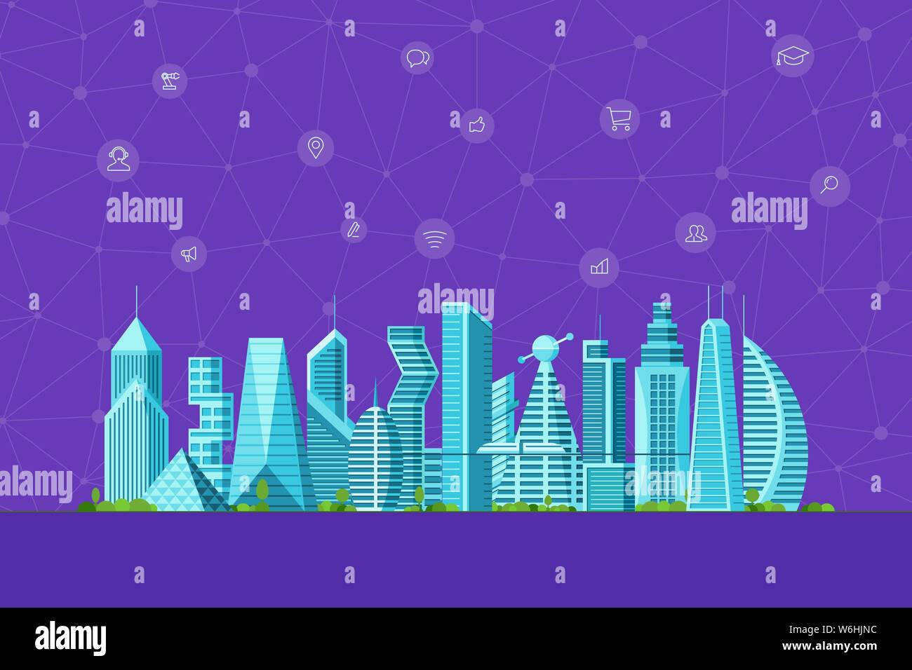 Concetto di città intelligente del futuro. Città urbana edifici moderni grattacieli con icone infografiche della rete di comunicazione internet dei social media. Architettura futuristica casa di città illustrazione vettoriale Illustrazione Vettoriale