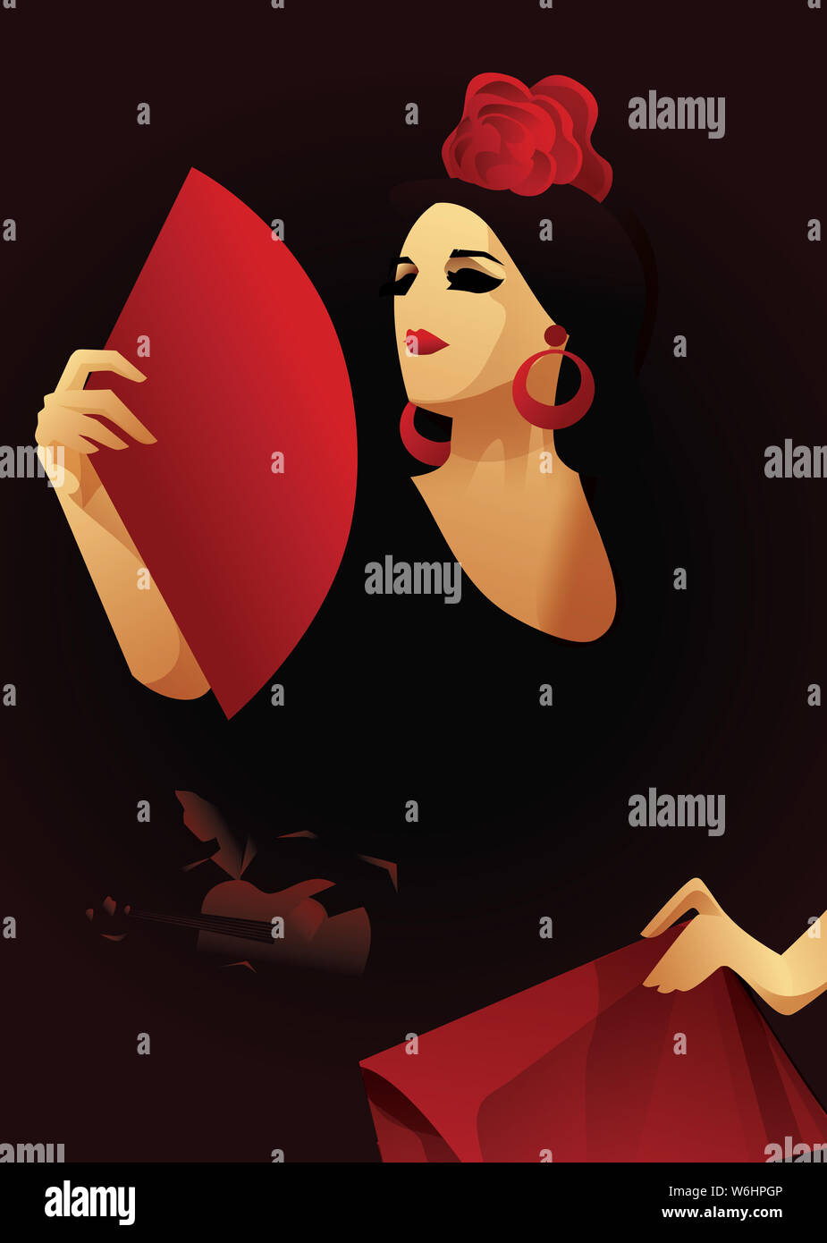 Ballerino spagnolo di flamenco con ventola con il chitarrista di accompagnamento. Serata di Flamenco design Foto Stock