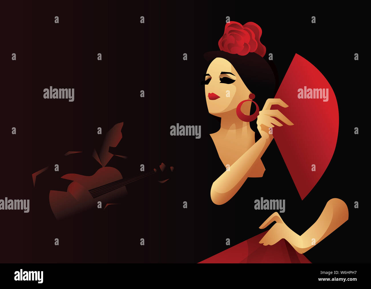 Ballerino spagnolo di flamenco con ventola con il chitarrista di accompagnamento. Serata di Flamenco design Foto Stock