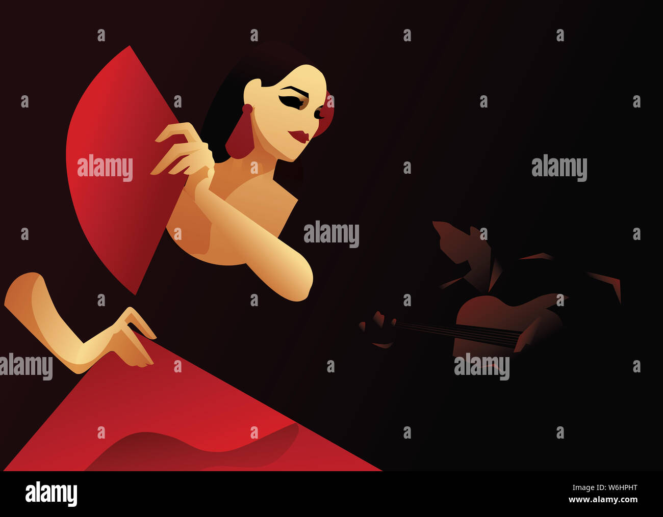 Ballerino spagnolo di flamenco con ventola con il chitarrista di accompagnamento. Serata di Flamenco design Foto Stock