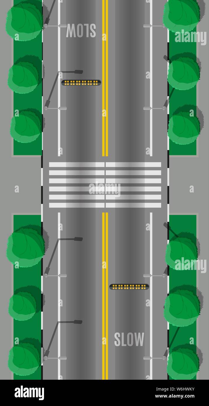 Attraversamento stradale con speed bump. Moderne strade e trasporti. Vista dall'alto. Svincolo autostradale, attraversare la strada. Le norme della circolazione stradale vigenti. Norme per la guida su strada. Illustrazione Vettoriale in stile piatto Illustrazione Vettoriale
