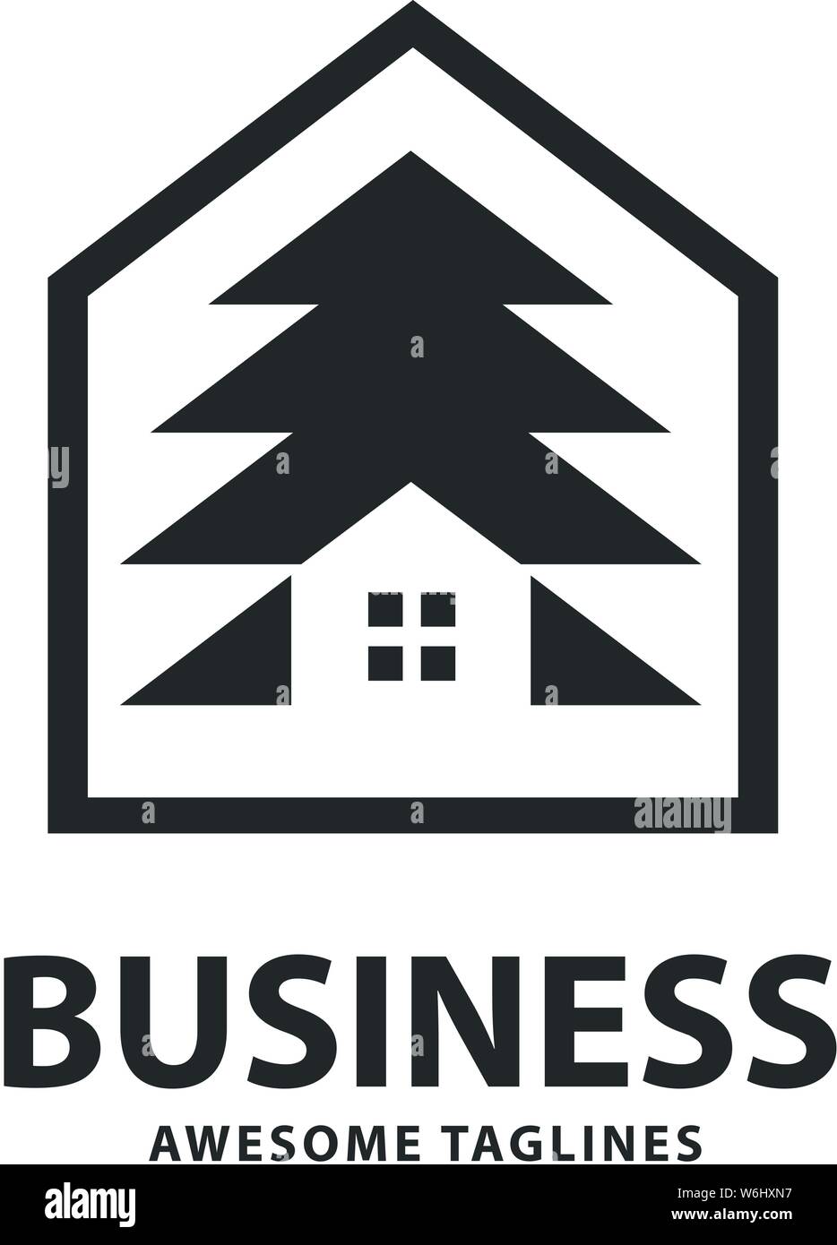 Creative e semplice casa di pino, logo home e pini e logo per la proprietà o il business di alloggiamento Illustrazione Vettoriale