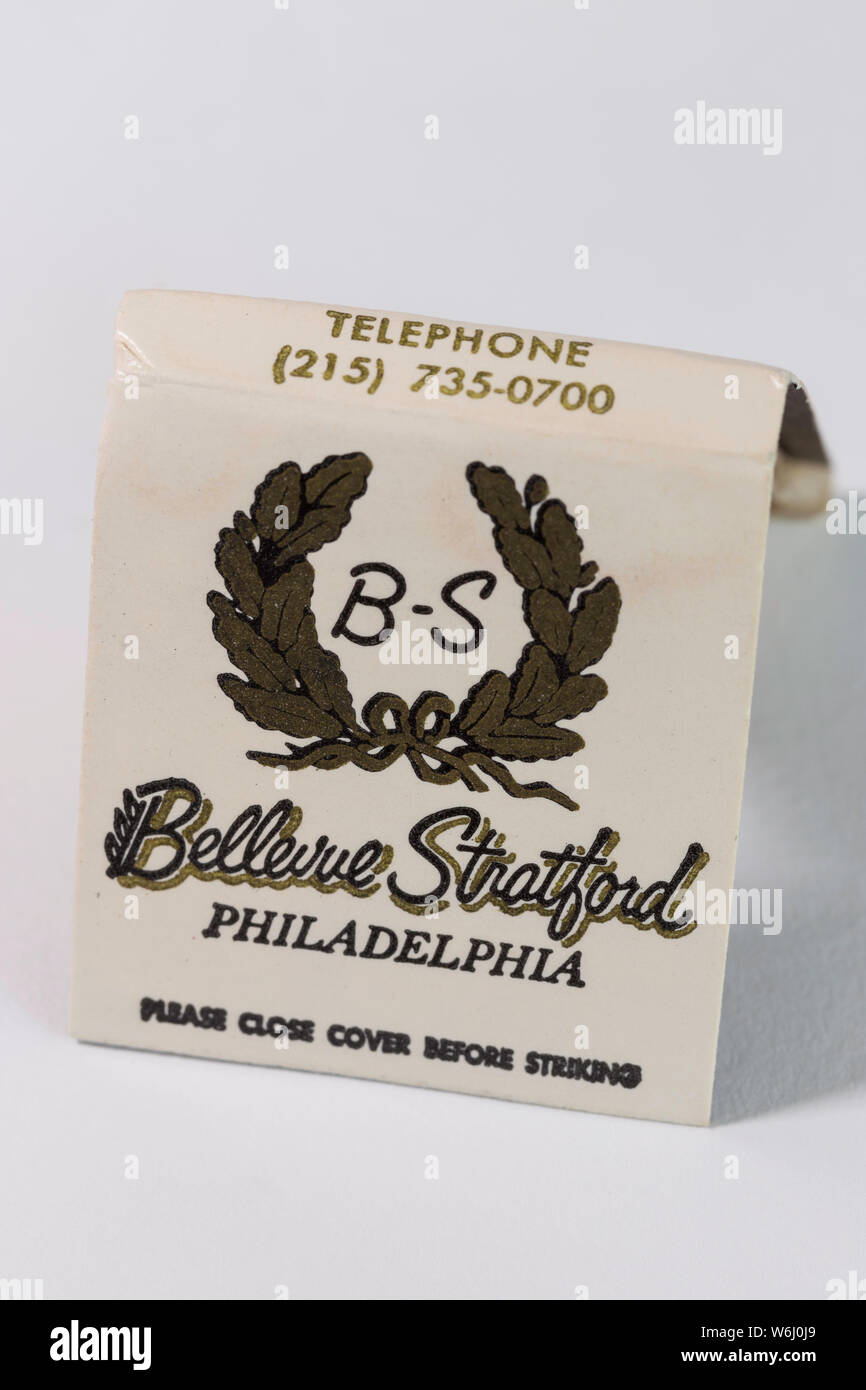 Vintage matchbook dal Bellevue Stratford Hotel in Philadelphia, PA, Stati Uniti d'America Foto Stock