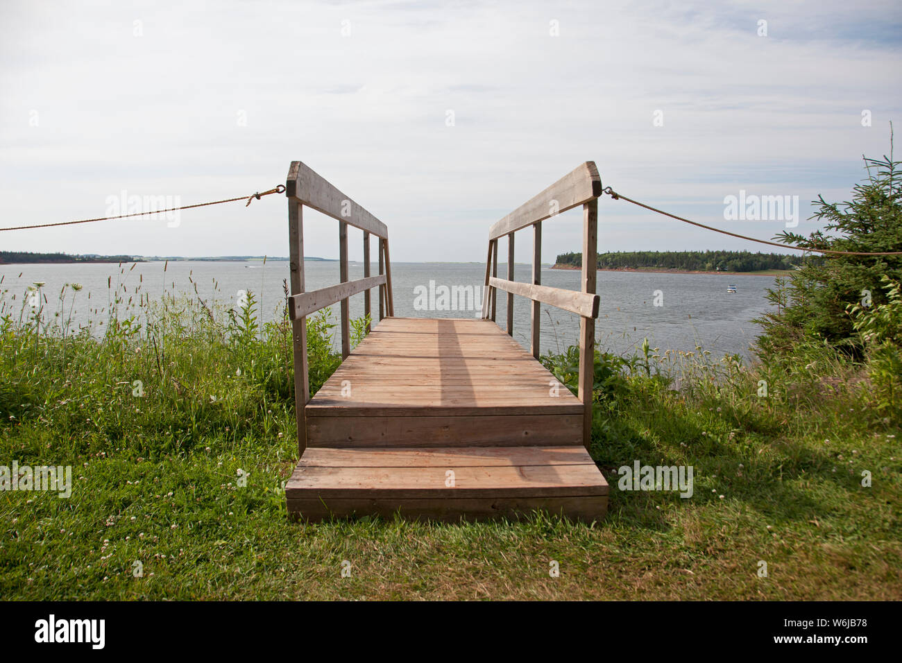 Una serie di scale di legno da spiaggia dirigervi all'acqua da parte dell'erba Foto Stock