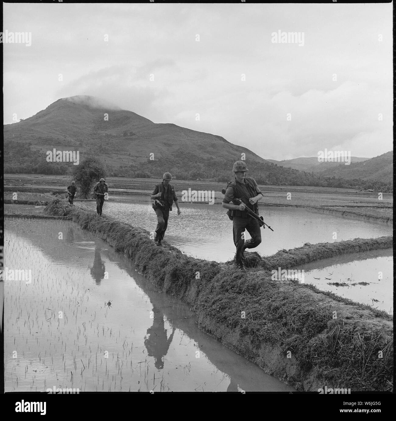 Gli uomini di H Company, 2° Battaglione, 7 Marines, spostare lungo la risaia dighe nel perseguimento dei Viet Cong. Foto Stock