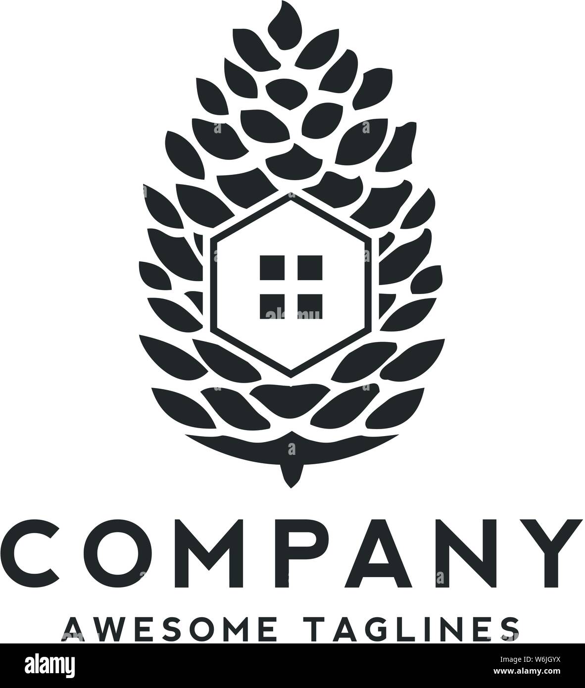 Creative e semplice casa di pino, logo home e pini e logo per la proprietà o il business di alloggiamento Illustrazione Vettoriale