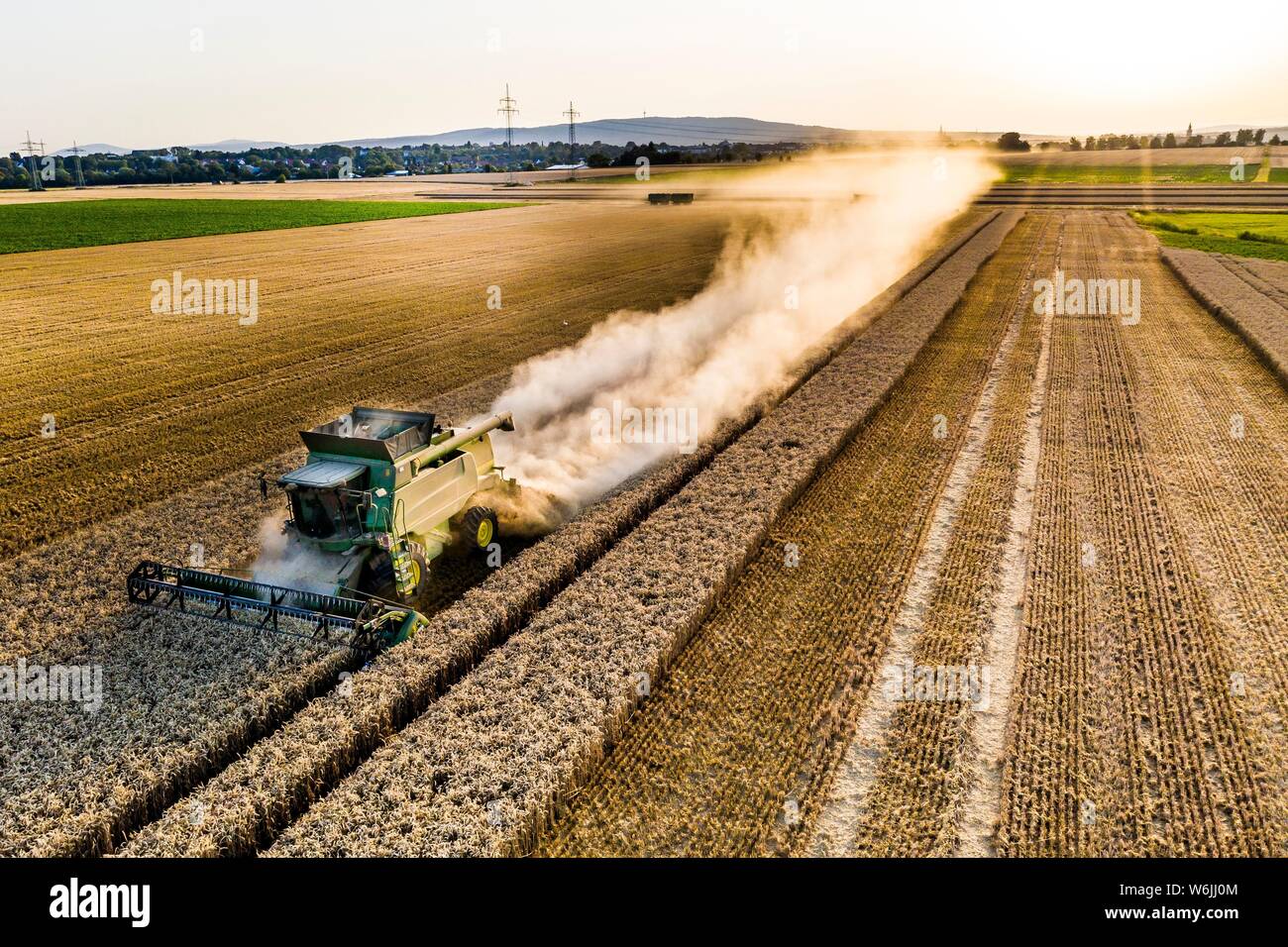 Vista aerea, mietitrebbia, guida in sole di sera su un campo a secco con un sacco di polvere, Wetterau, Hesse, Germania Foto Stock