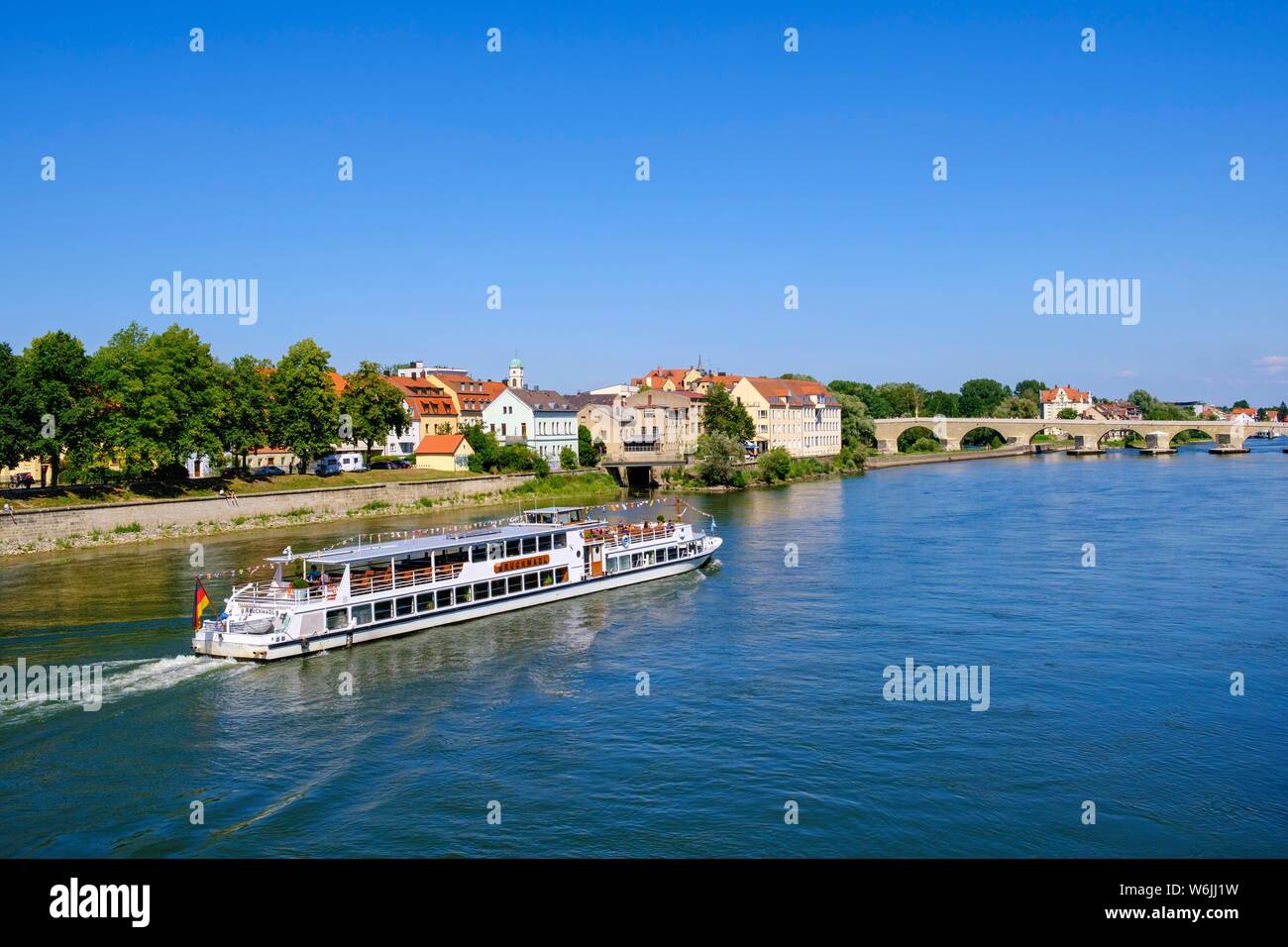 Escursione nave sul Danubio, Oberer Wohrd e Steinerne Brucke, Regensburg, Alto Palatinato, Baviera, Germania Foto Stock