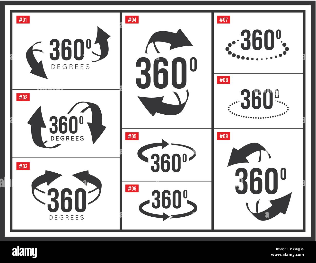 Angolo di 360 gradi vista icona segno. Illustrazione Vettoriale impostato Illustrazione Vettoriale