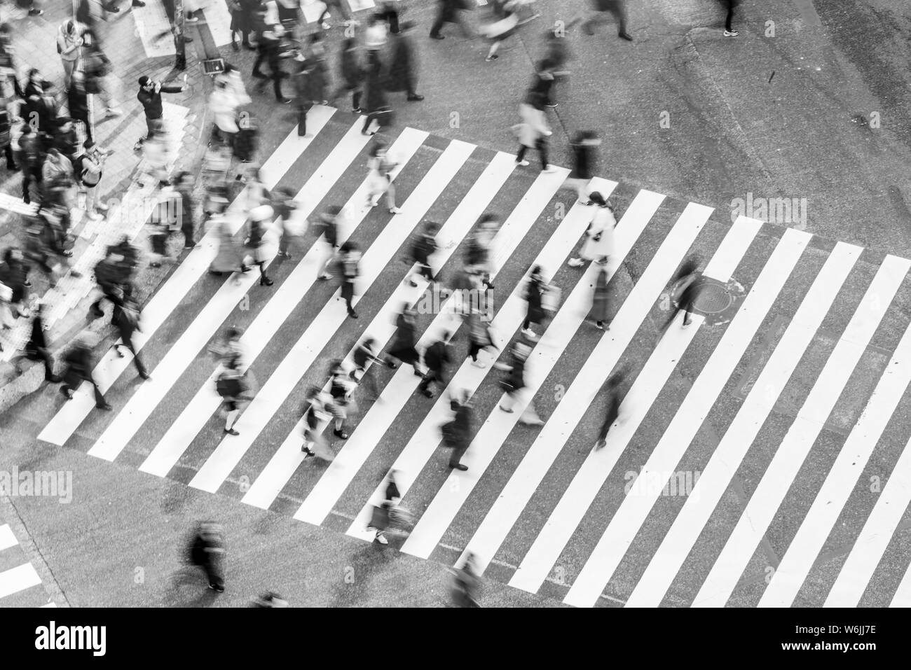 Shibuya crossing, folle a intersezione, molte persone attraversare le strisce pedonali, offuscata, motion in bianco e nero, Shibuya, Udagawacho, Tokyo, Giappone Foto Stock