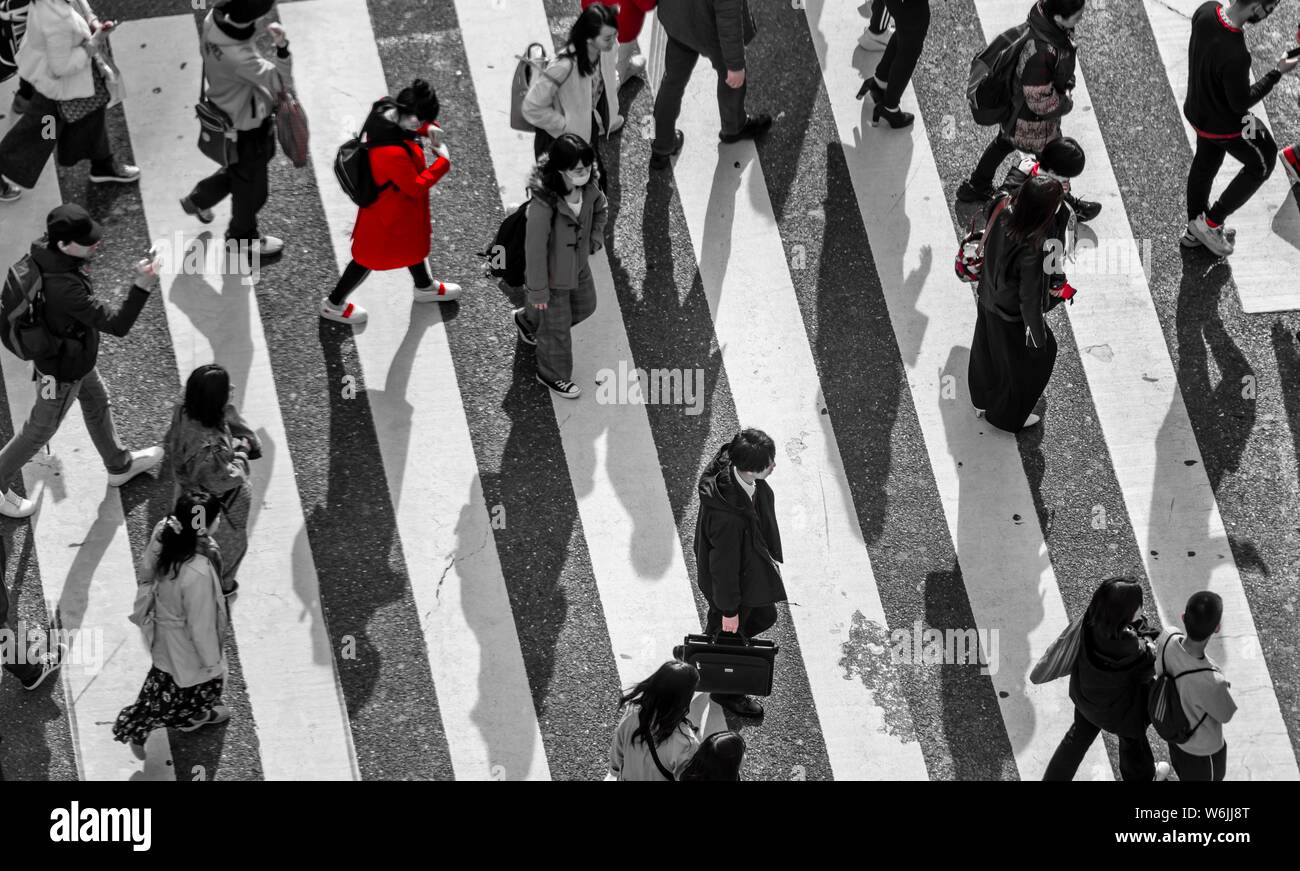 Persona sola in rosso, Shibuya crossing, folle a intersezione, molte persone attraversare le strisce pedonali, bianco e nero, Shibuya, Udagawacho, Tokyo, Giappone Foto Stock