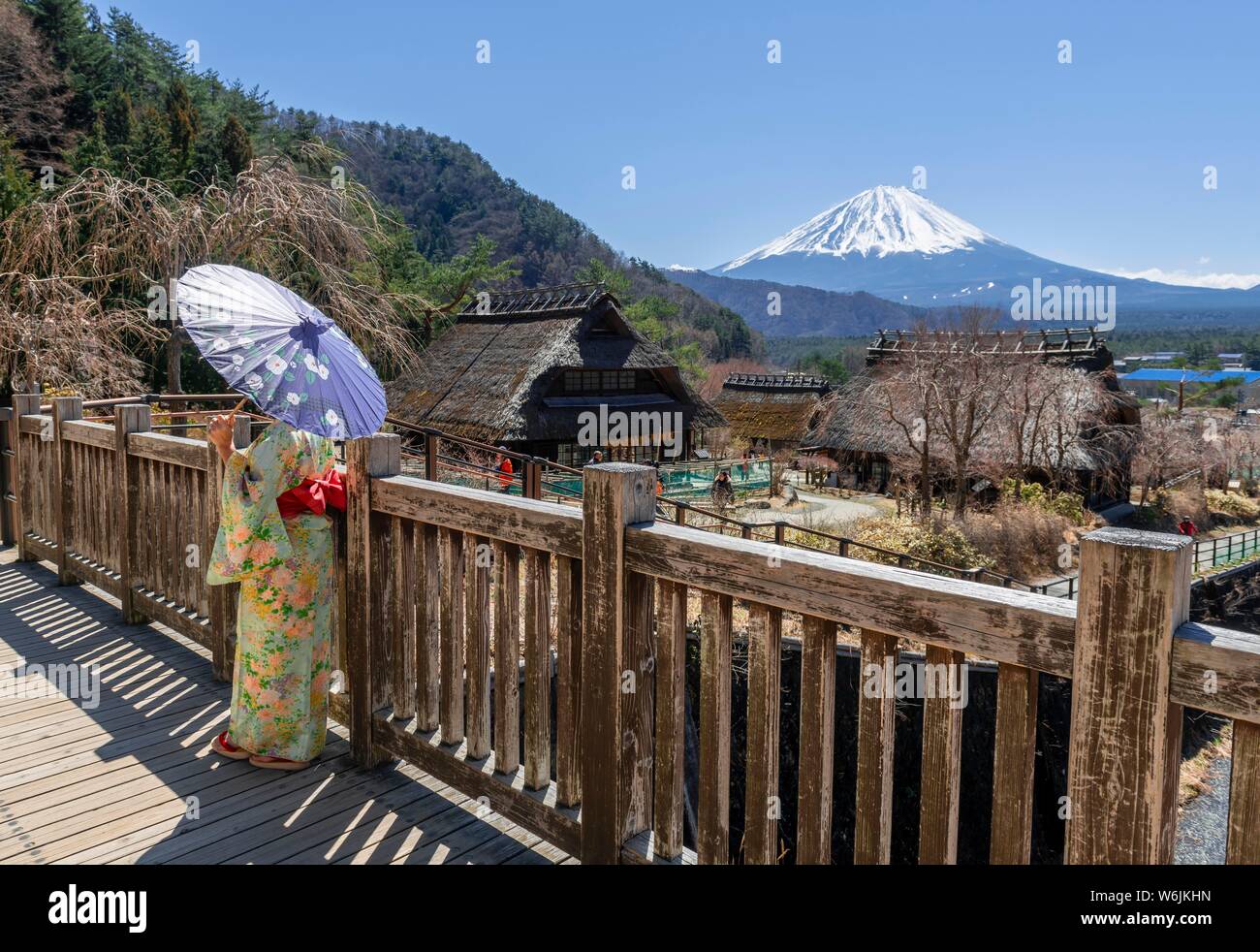 Donna Giapponese in kimono con carta ombrello in open-air museum Iyashinosato, vecchio villaggio Giapponese con le tradizionali case in paglia, vulcano indietro Foto Stock