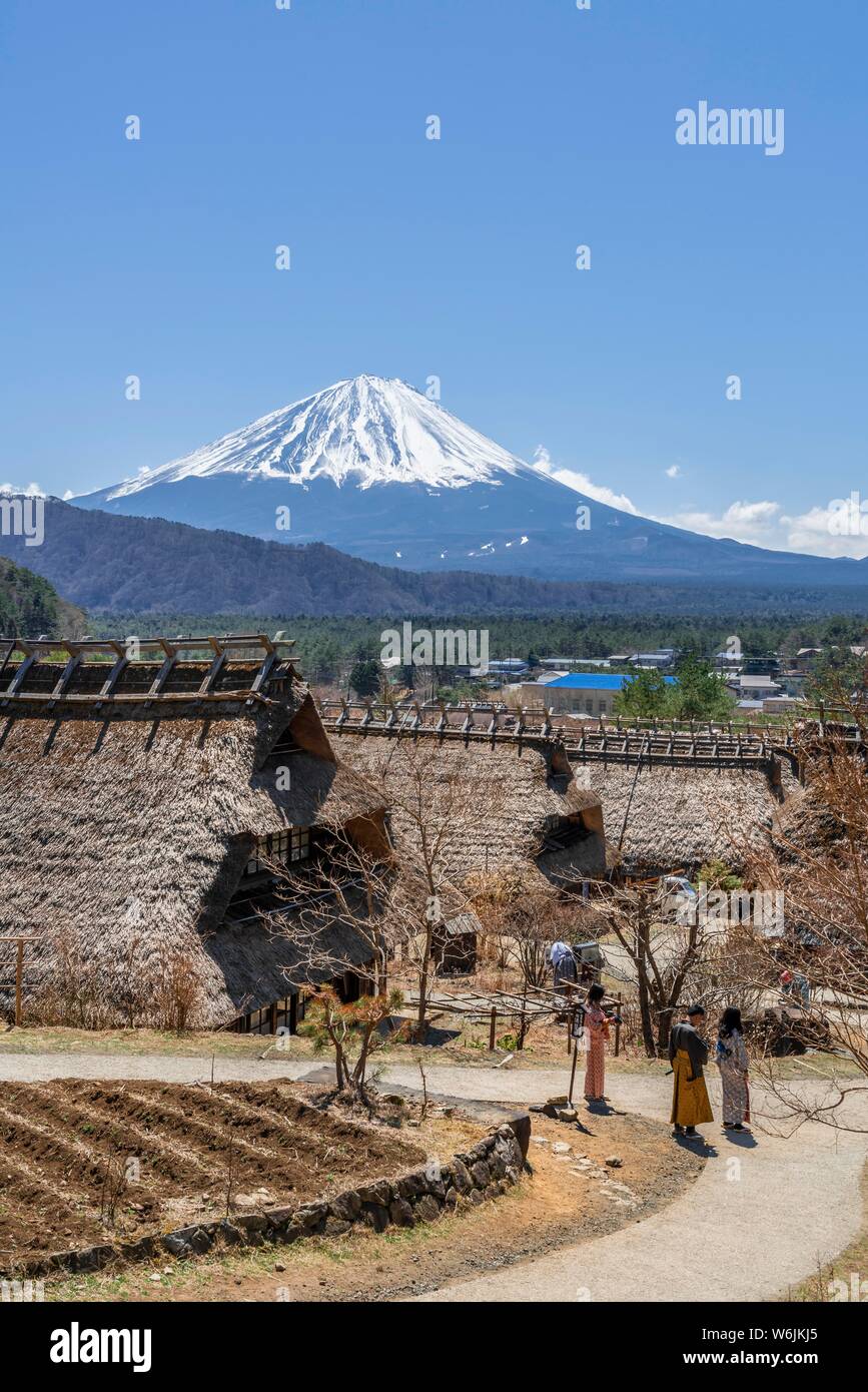 Open-air museum Iyashinosato, vecchio villaggio Giapponese con le tradizionali case in paglia, back vulcano Mt. Fuji, Fujikawaguchiko, Saiko, Giappone Foto Stock