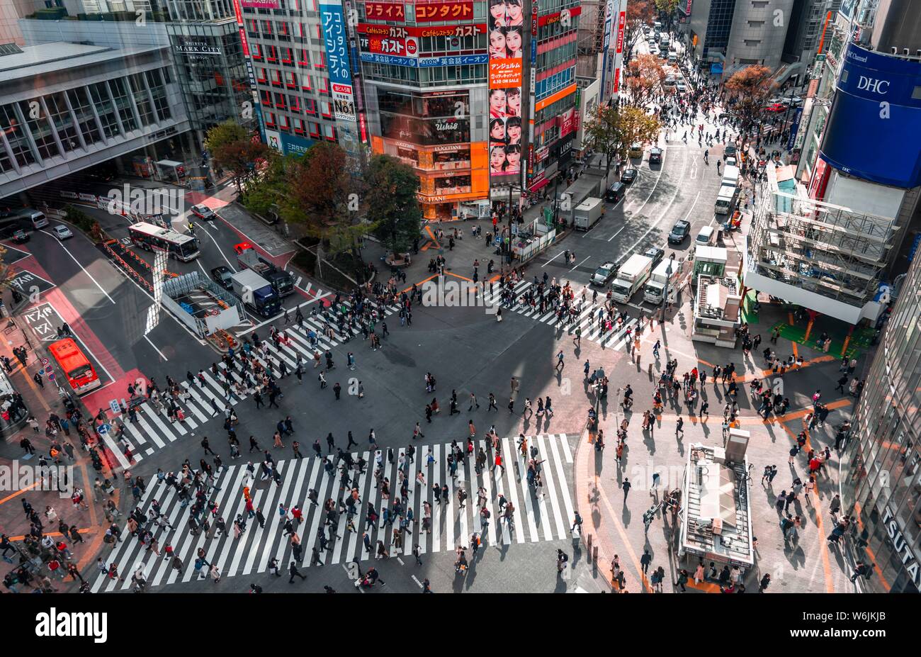 La folla di persone che attraversano con strisce pedonali e traffico, dal di sopra, Shibuya Crossing, Udagawacho Shibuya, Tokyo, Giappone Foto Stock