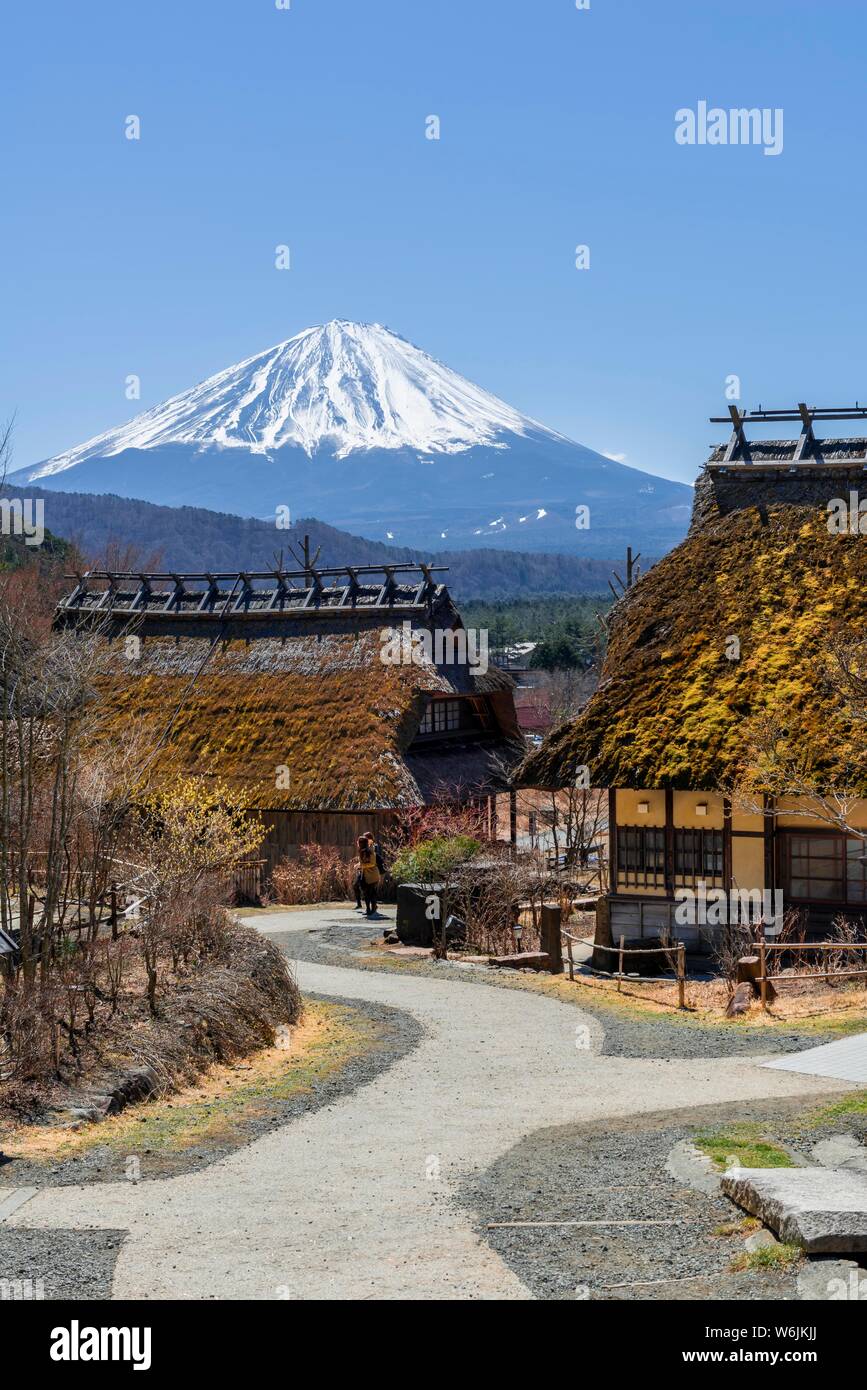 Open-air museum Iyashinosato, vecchio villaggio Giapponese con le tradizionali case in paglia, back vulcano Mt. Fuji, Fujikawaguchiko, Giappone Foto Stock