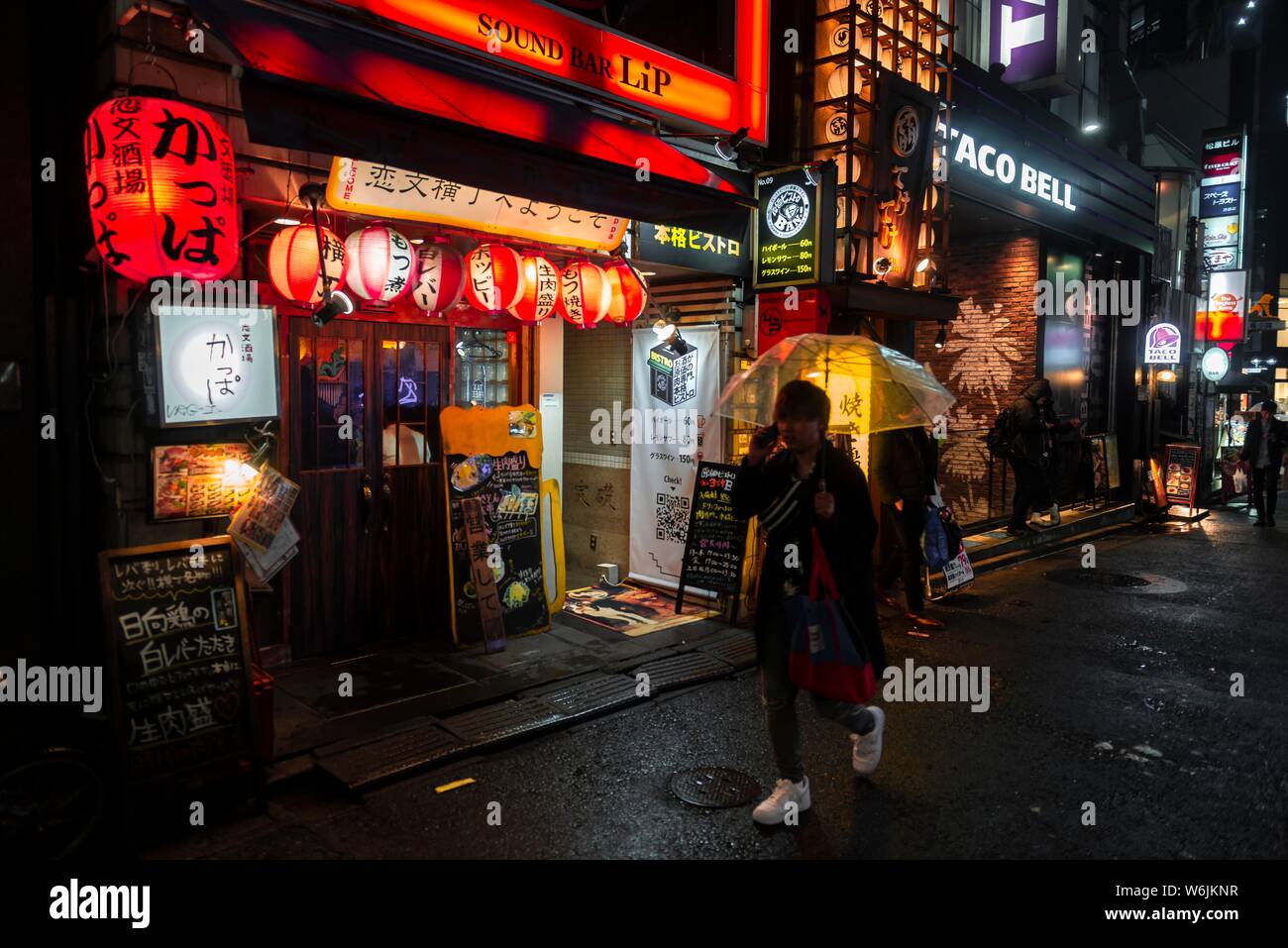 Pedone, lane con insegne pubblicitarie, lanterne di carta e di cartelli pubblicitari di notte, Udagawacho Shibuya, Tokyo, Giappone Foto Stock
