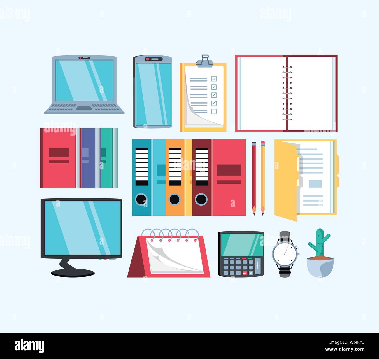 Computer portatile con set supplies office illustrazione vettoriale design Illustrazione Vettoriale
