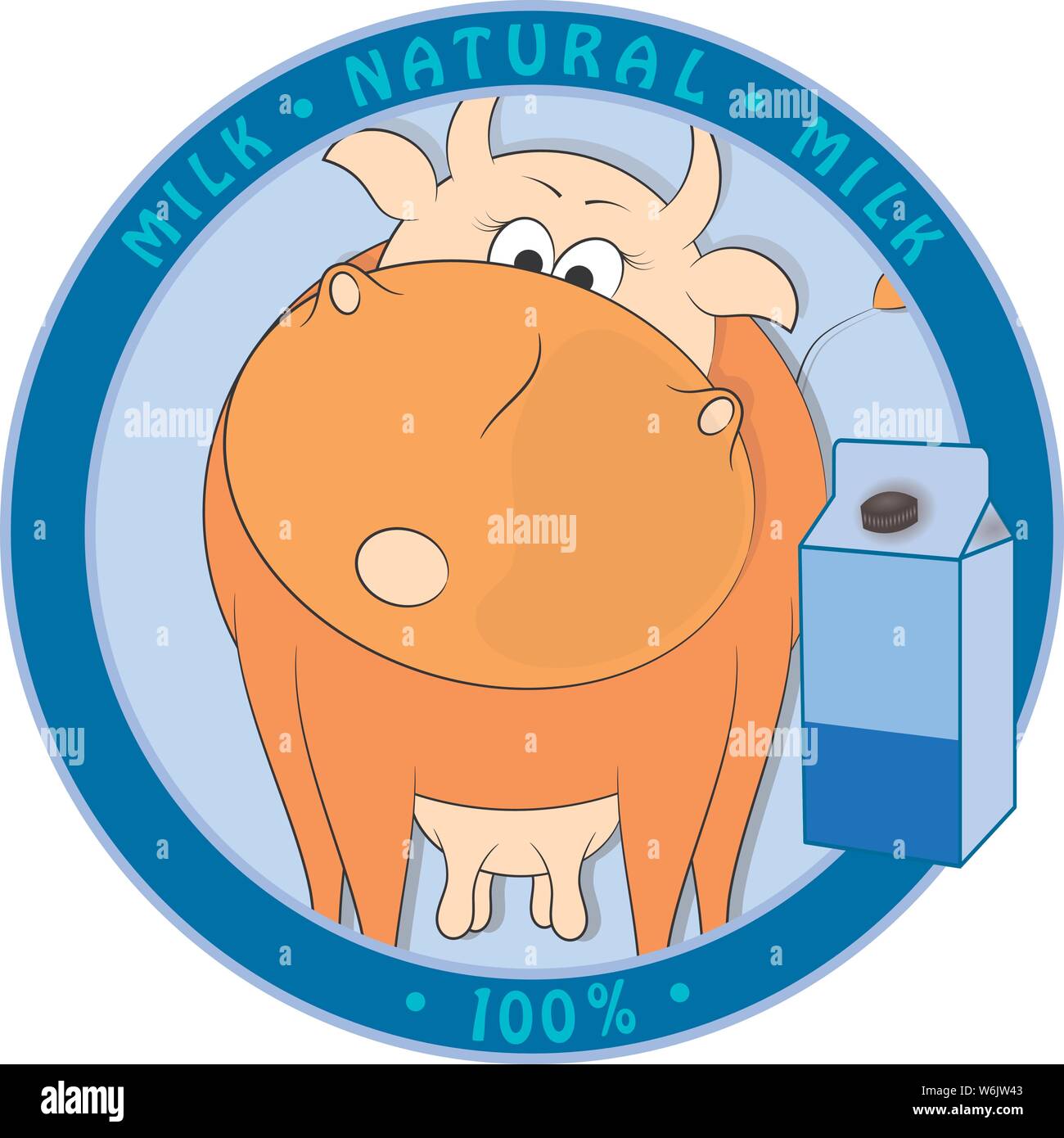 Cartoon vacca e pacchetto di latte su sfondo blu. vettore illustrazione carina. Illustrazione Vettoriale