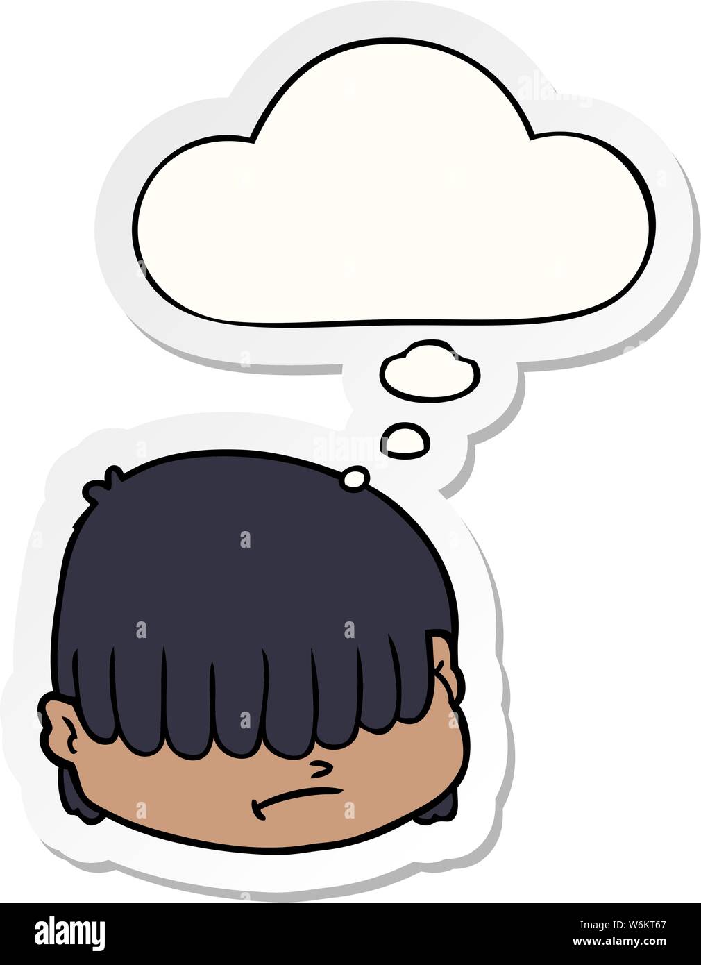 Cartoon faccia con capelli sopra gli occhi con bolle di pensiero come un adesivo stampato Illustrazione Vettoriale